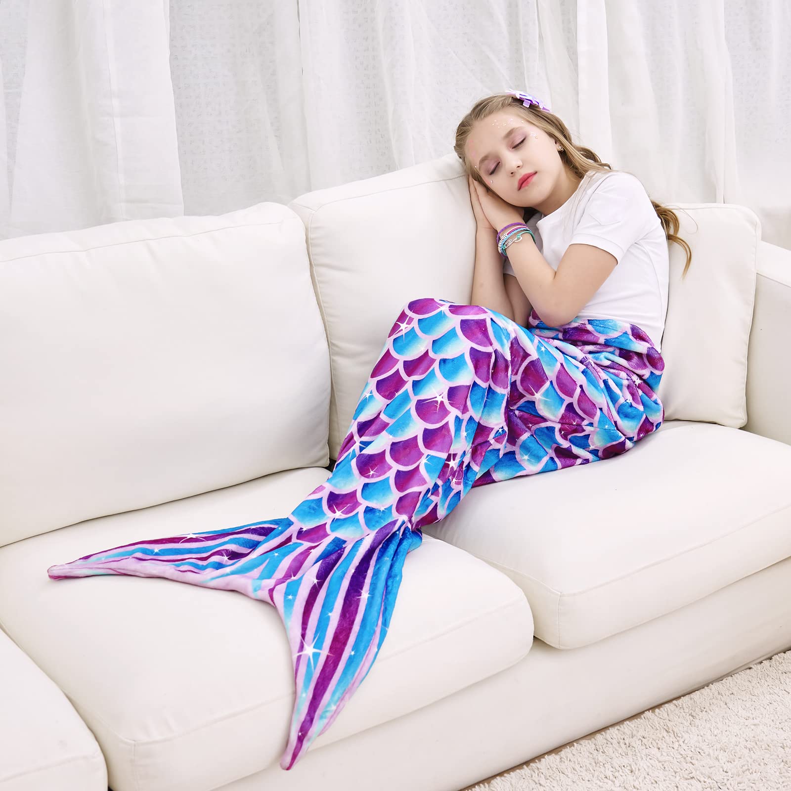 WERNNSAI Mermaid Tail Blanket for Girls & Teens - Soft Flannel Wearable Blanket with Sequin Hairpin Bracelet, 55