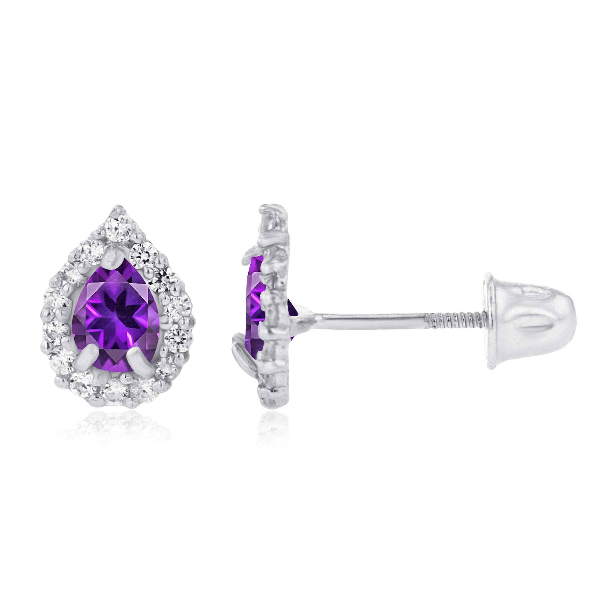 14K Solid Gold Pear Shaped Natural Birthstone Stud Earrings for Women | 7x5mm & 4x3mm Pear Cut Screw Back Earrings | 1mm White Sapphire Halo Earrings | Perfect for Birthdays, Anniversaries & Everyday Elegance