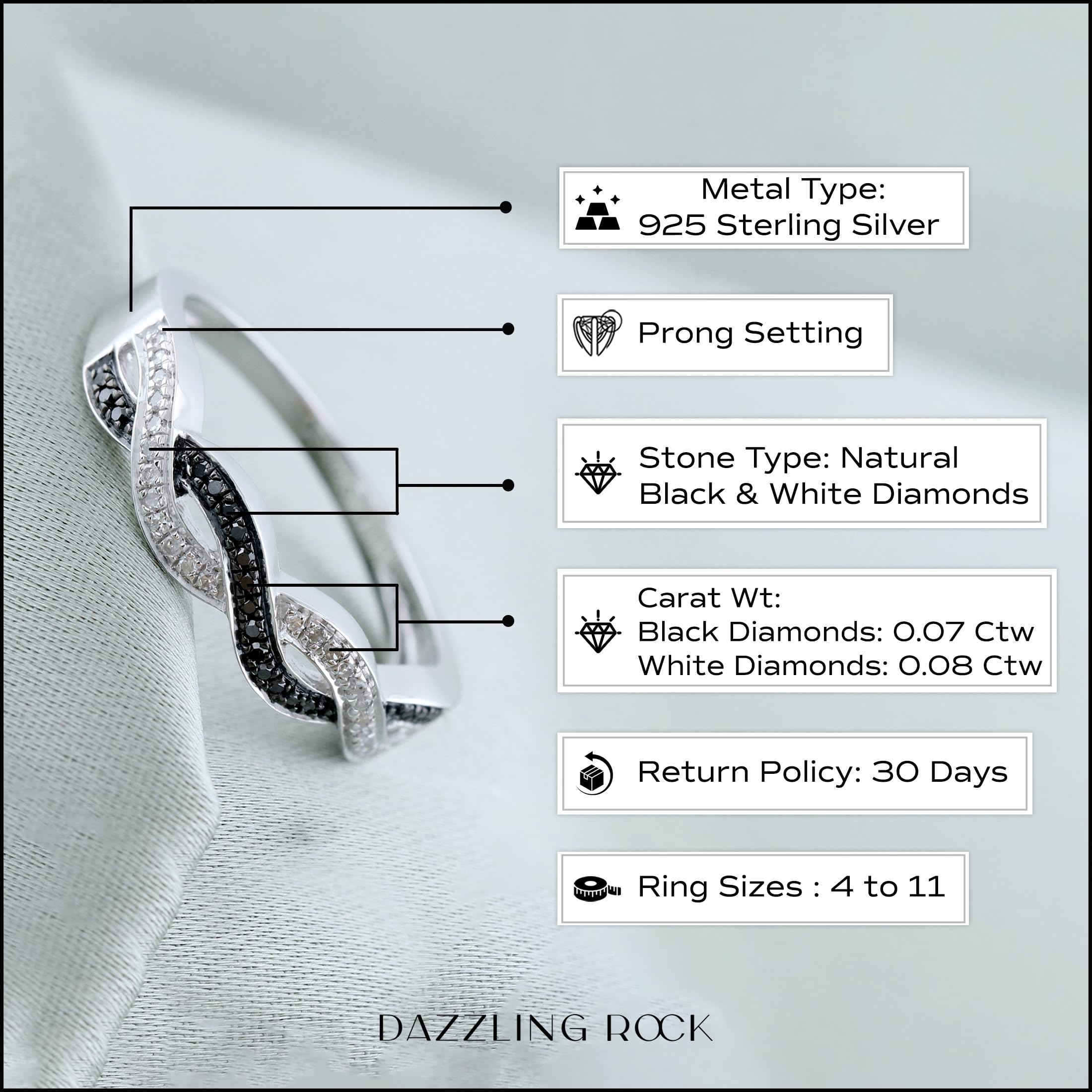 Dazzlingrock 925 Sterling Silver 0.15 Cttw Black & White Diamond Criss Cross Stackable Ring for Women | Wedding, Anniversary, Birthday Gift, Everyday Jewelry