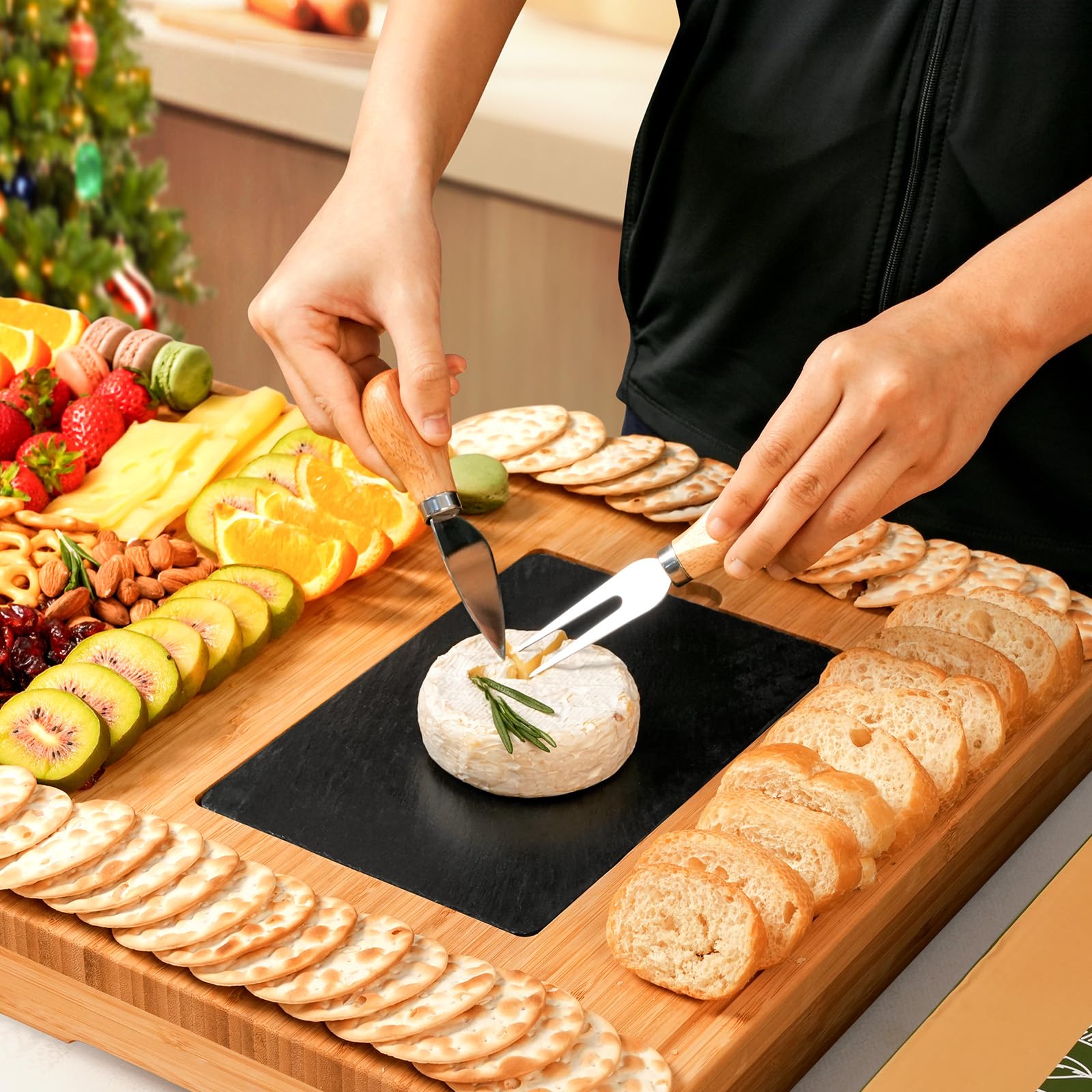 Extra Large 33.7x15.7 Inch Bamboo Charcuterie Board Set with Knives - 100% Natural Cheese Platter Tray for Entertaining - Perfect Housewarming Gift for Women & Mom - Ideal for Parties, Wine Nights & Charcuterie Displays