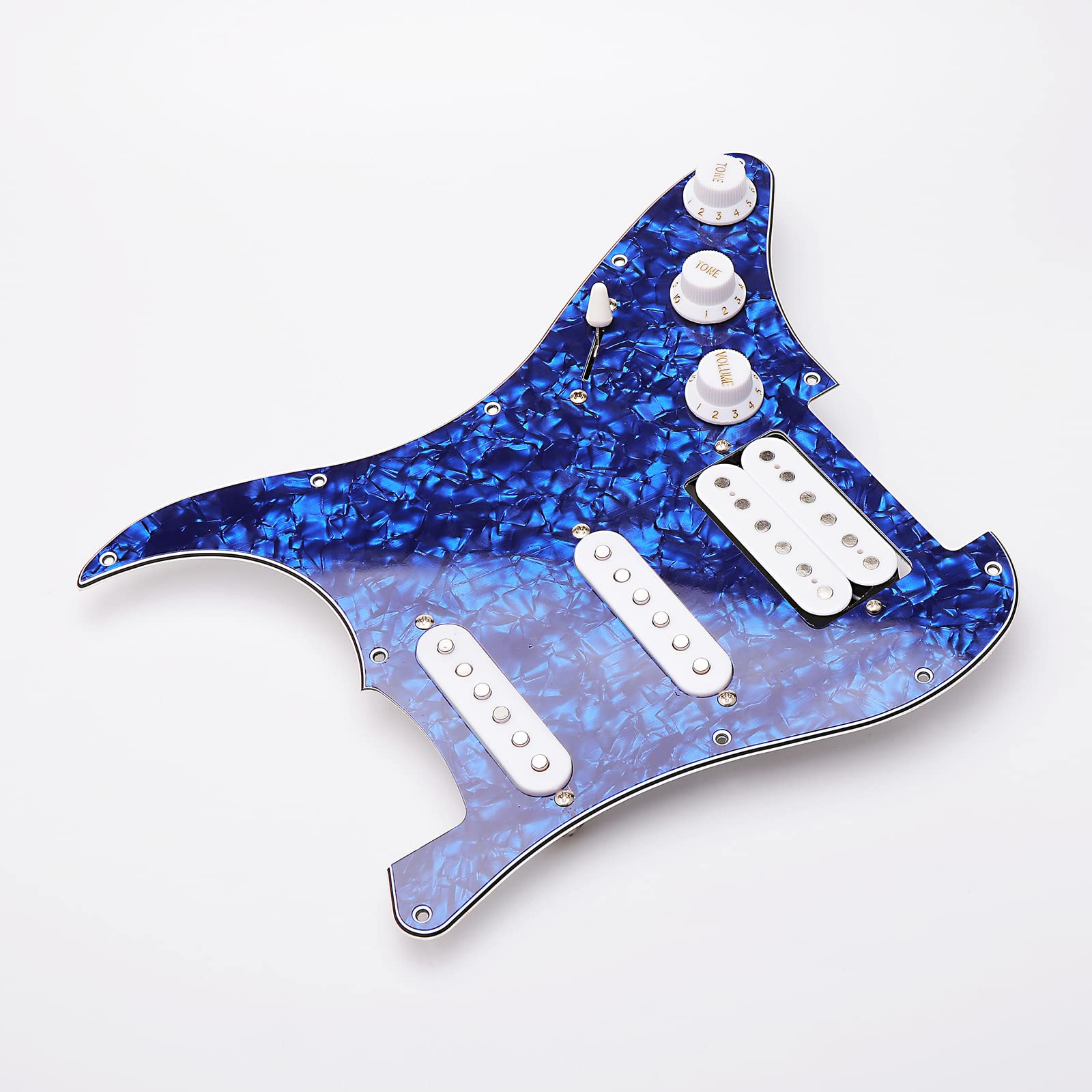 11 Hole Loaded Guitar Pickguard SSH with White Pickup Humbucker - Prewired Scratch Plate Set for Fender Stratocaster, 4 Ply Blue Pearl - Includes Guitar Strings & Installation Tools - Perfect for Electric Guitar Upgrades & DIY Repairs