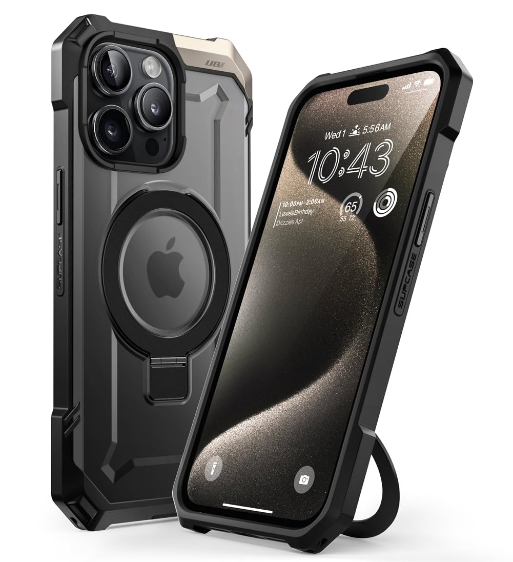 SUPCASE Unicorn Beetle Grip Magnetic Phone Case for iPhone 15 Pro Max - Military-Grade Drop Protection, Heavy Duty Rugged Design with Built-in Stand, MagSafe Compatible (Black) - Perfect for Outdoor Adventures, Work & Everyday Use