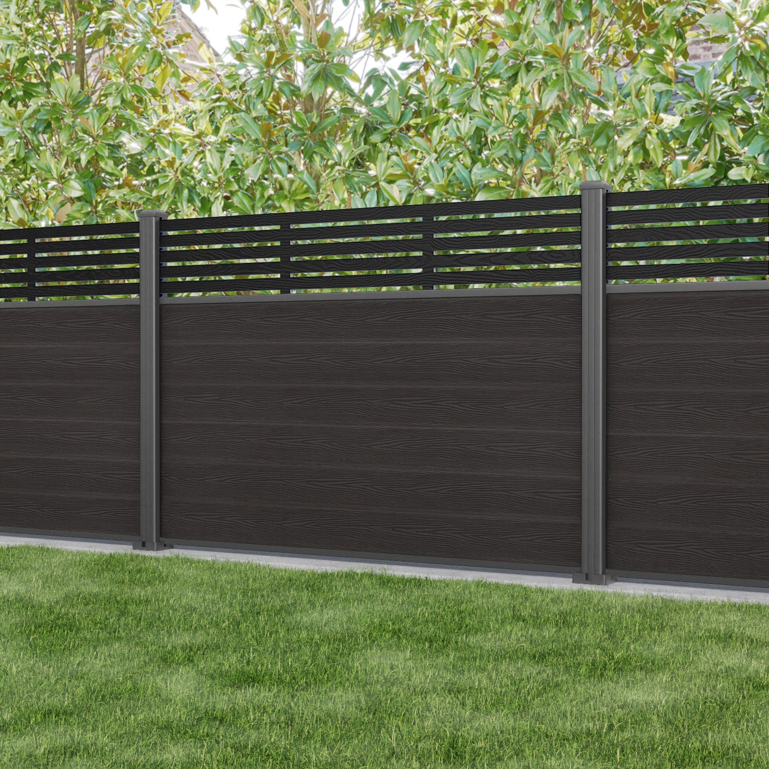 Classic Aspen Fence Panel - Dark Oak Wood Privacy Fence with Aluminum Posts | Durable Outdoor Garden Fence for Backyard, Patio & Pool Area