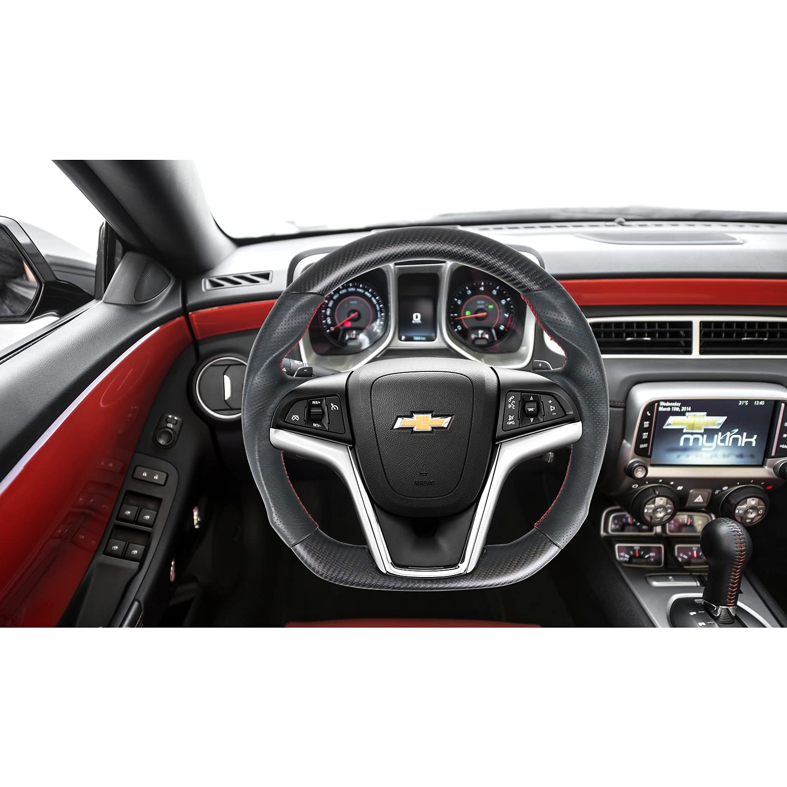 FREEMOTOR802 Matte Carbon Fiber & Perforated Leather Steering Wheel with Red Stitching - Compatible with 2012-2015 Chevrolet Camaro, Brushed Aluminum Trim Kit | Upgrade Your Ride for Sporty Driving & Luxury Feel