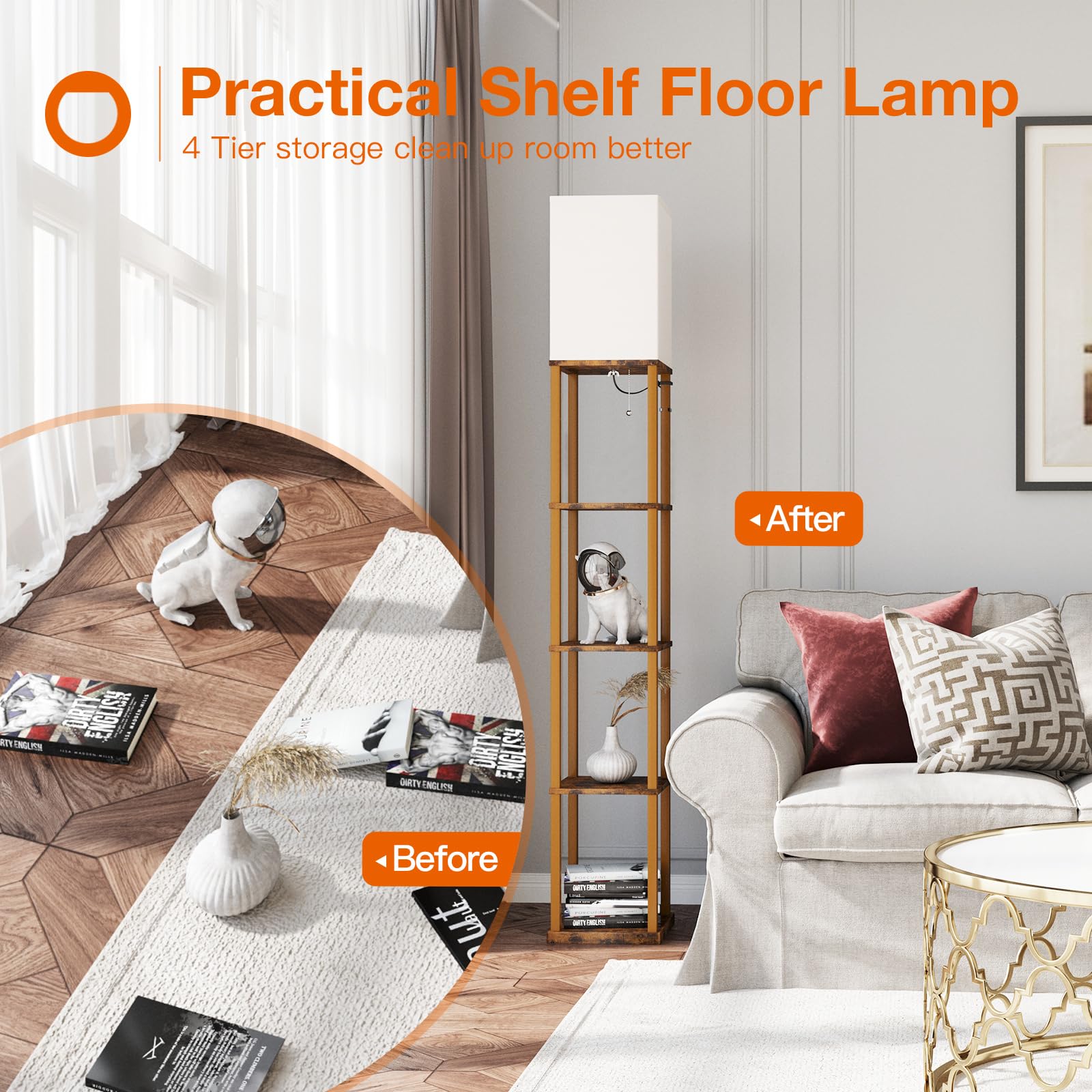 Addlon 5-Tier Modern Shelf Floor Lamp with 3CCT LED Bulb - Adjustable Brightness Wooden Display Lamp for Living Room, Bedroom, Office - Brown - Perfect for Reading, Decor & Small Space Storage