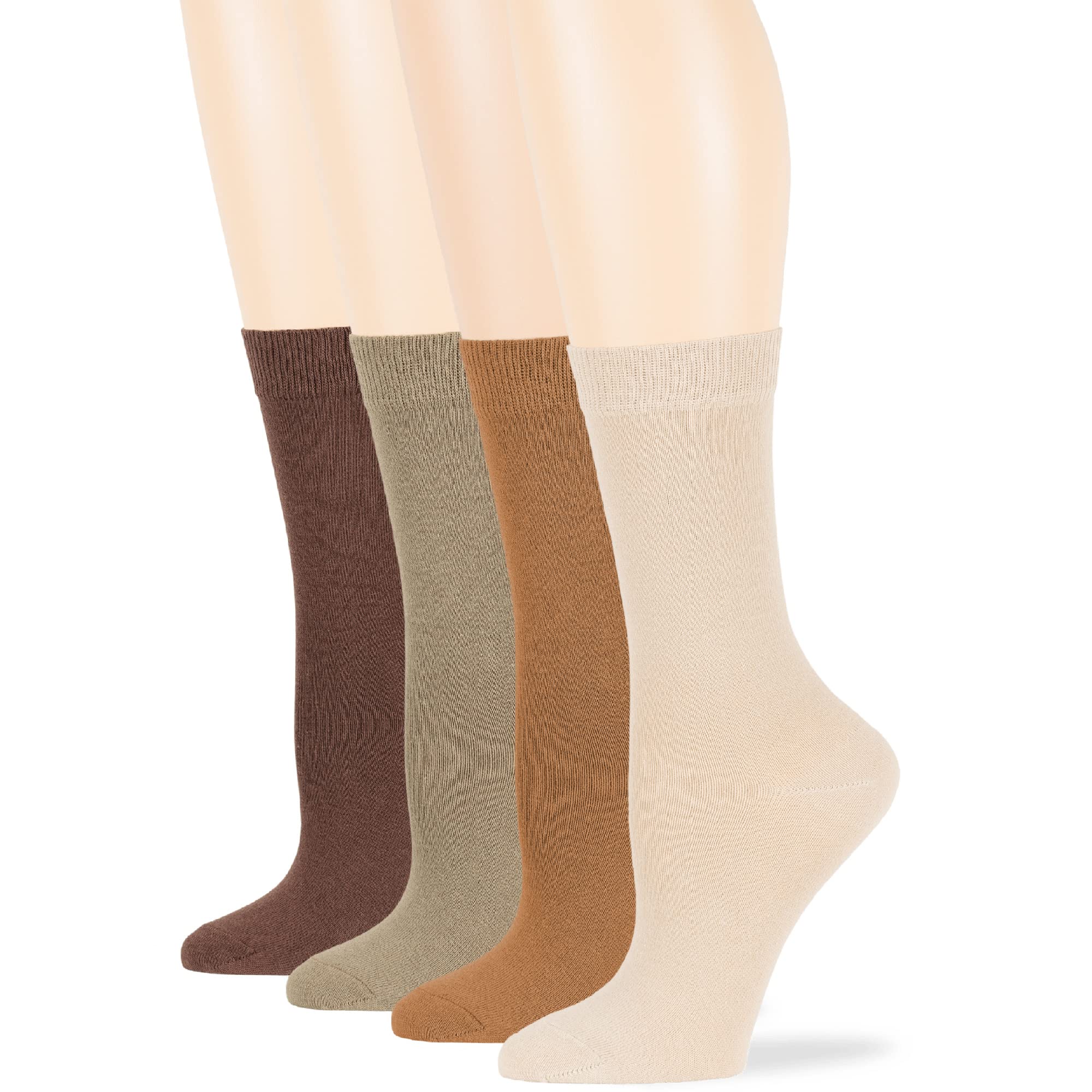 7BigStars Women's Cotton Dress Socks 4-Pack (L/M) - Solid Colors Assorted Crew Calf Socks in Black, Brown, Blue, Grey, Beige, Khaki & Olive Green - Perfect for Work, Office & Formal Occasions