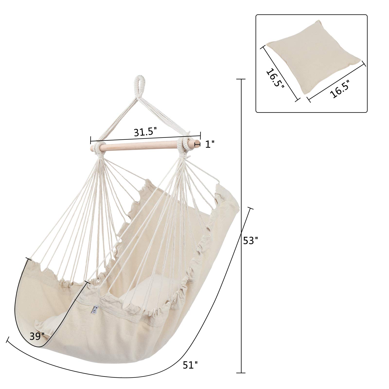 ONCLOUD Hanging Rope Hammock Chair Swing Seat with 2 Cushions - Indoor/Outdoor Use for Yard, Bedroom, Patio, Porch - Perfect for Relaxing, Reading & Lounging (Beige)