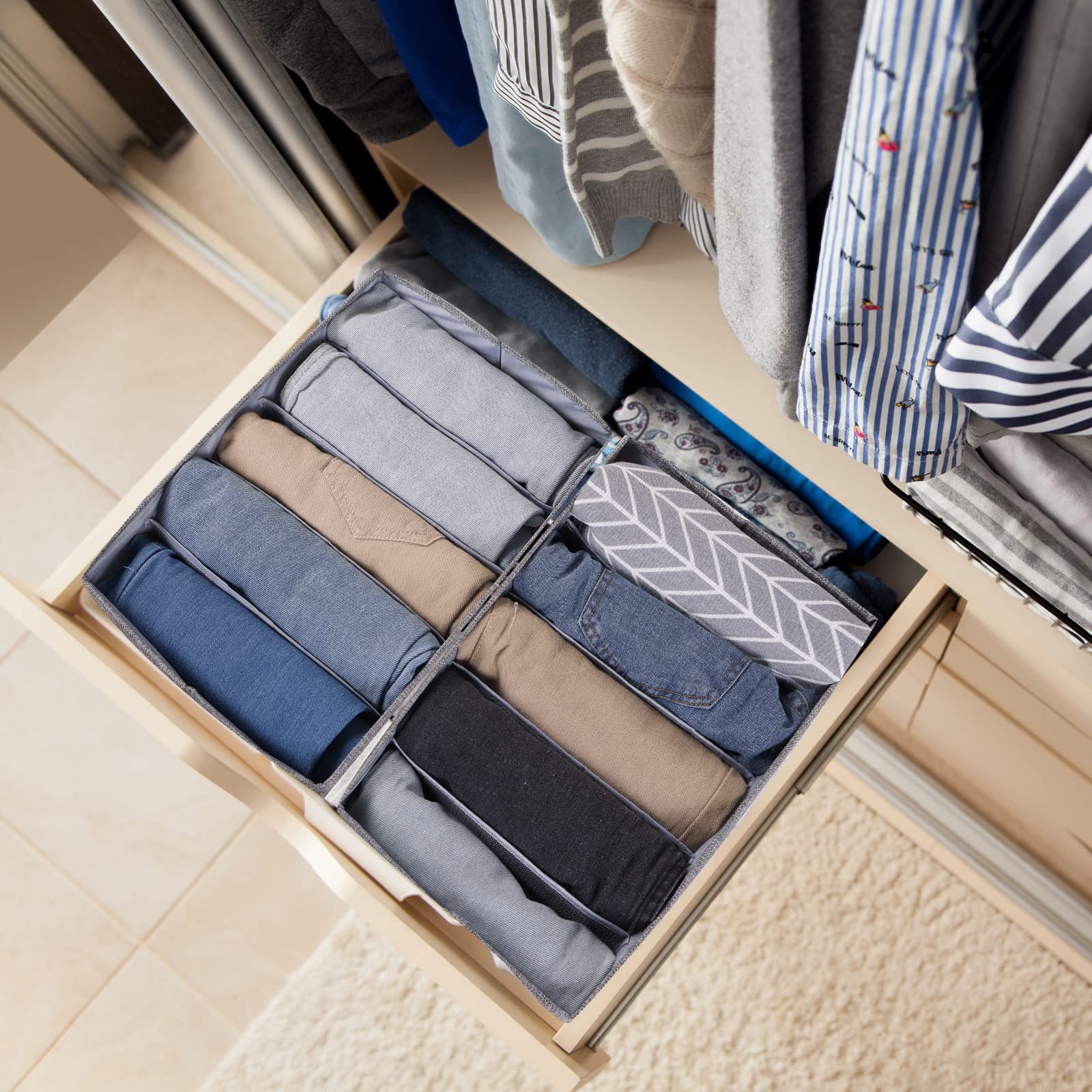 Foldable 5-Grid Drawer Organizer for Clothes - Washable Wardrobe Storage Bins for Jeans, Pants & Sweaters | Space-Saving Closet Solution for Bedroom, Dorm & Travel (4-Pack, Gray)