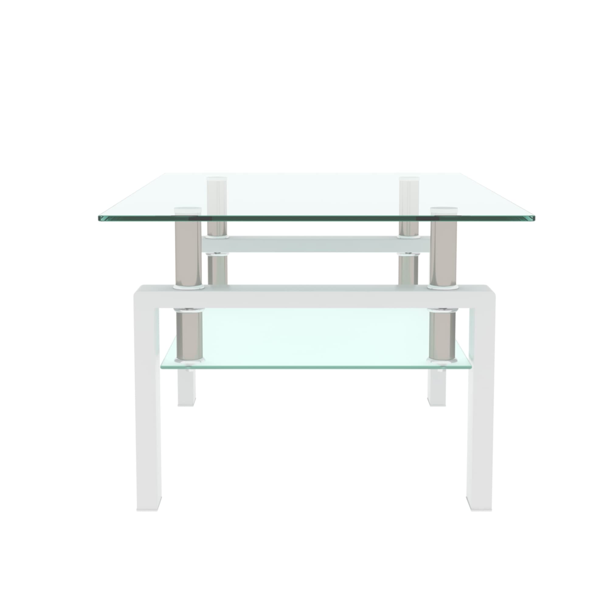 Modern White Glass Rectangle Coffee Table with Lower Shelf & Metal Legs - Stylish Living Room Furniture for Conversation, Leisure & Home Decor