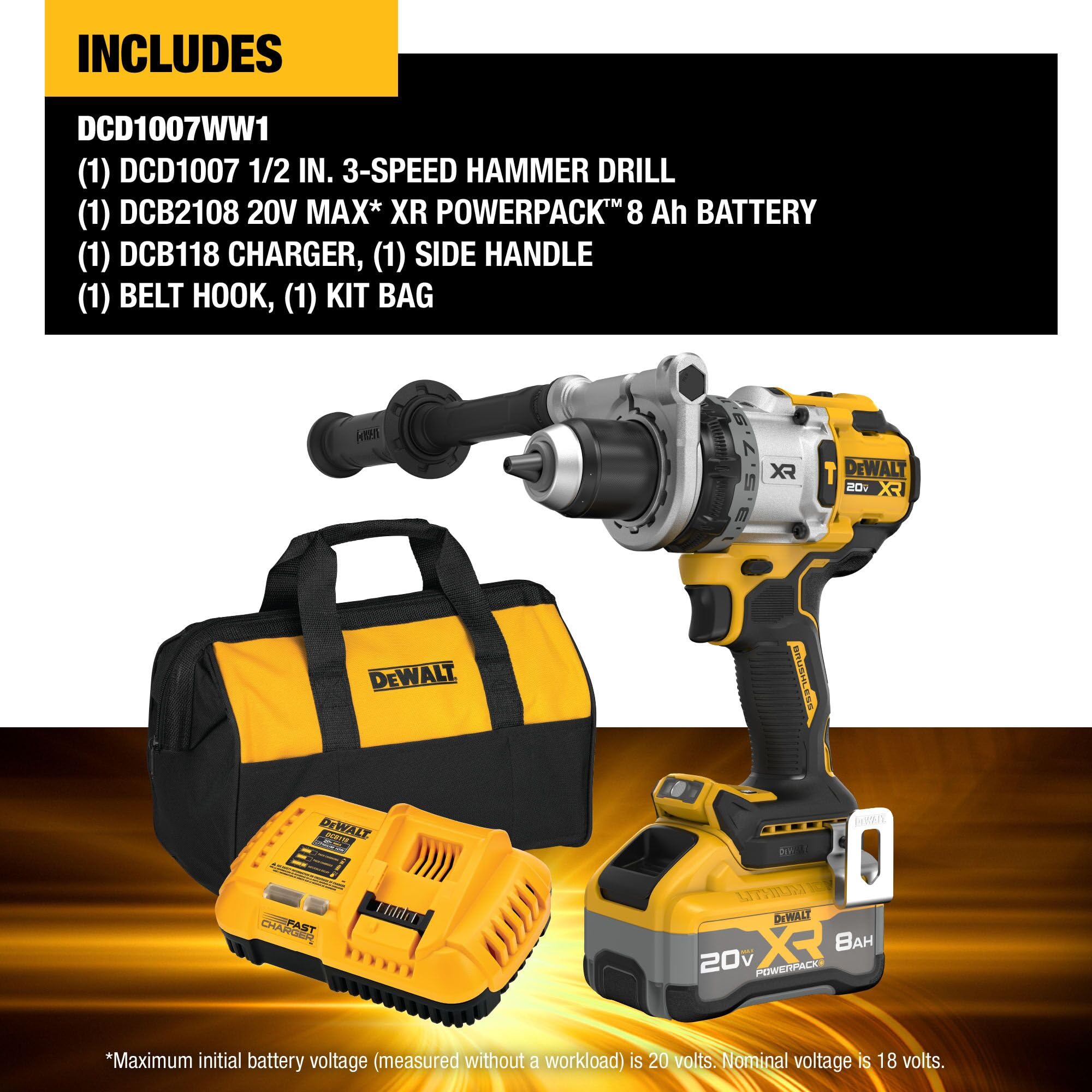 DEWALT 20V MAX XR Cordless Hammer Drill Kit with 8AH Battery & Charger - 1/2 Inch Heavy Duty Power Drill for Woodworking, Metal Drilling & Construction Projects (DCD1007WW1)
