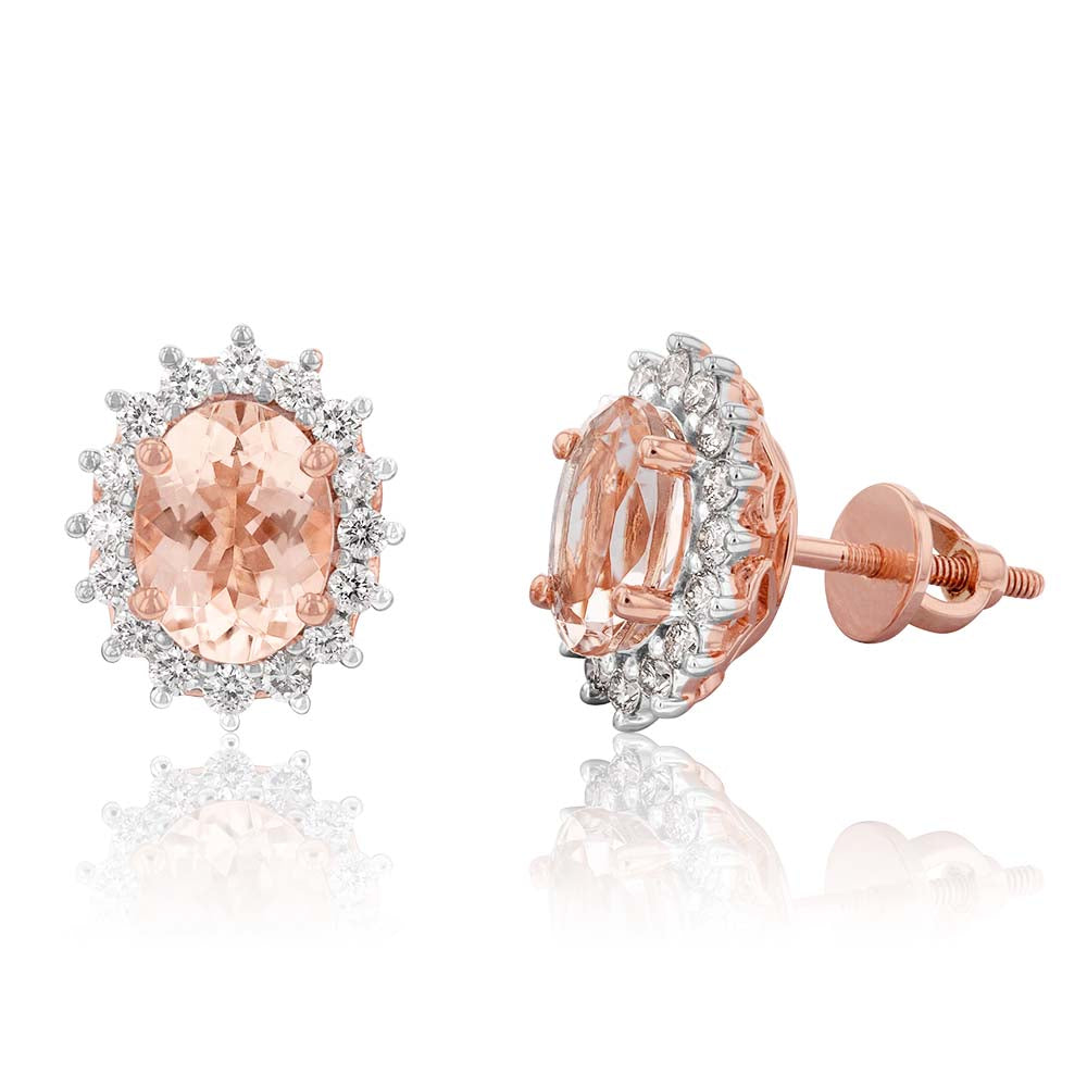 9ct Rose Gold 1.20ct Morganite and Diamond Stud Earrings for Women - Elegant Bridal Jewelry, Anniversary Gift & Everyday Wear