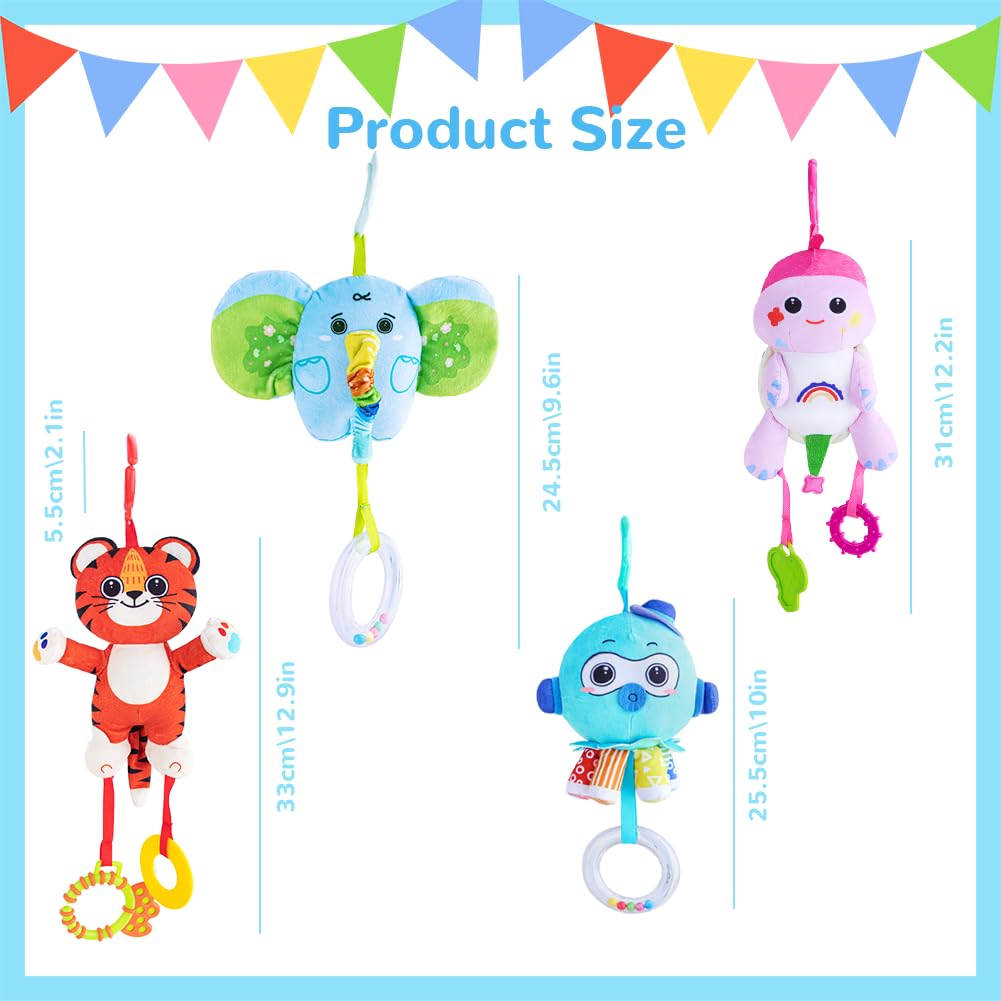 TeyToy Soft Plush Animal Hanging Baby Toys with Rattles, Teether & Squeaker - Early Development Stroller & Car Toys for Newborns 3-12 Months | Perfect Infant Birthday Gifts & Nursery Decor for Boys Girls