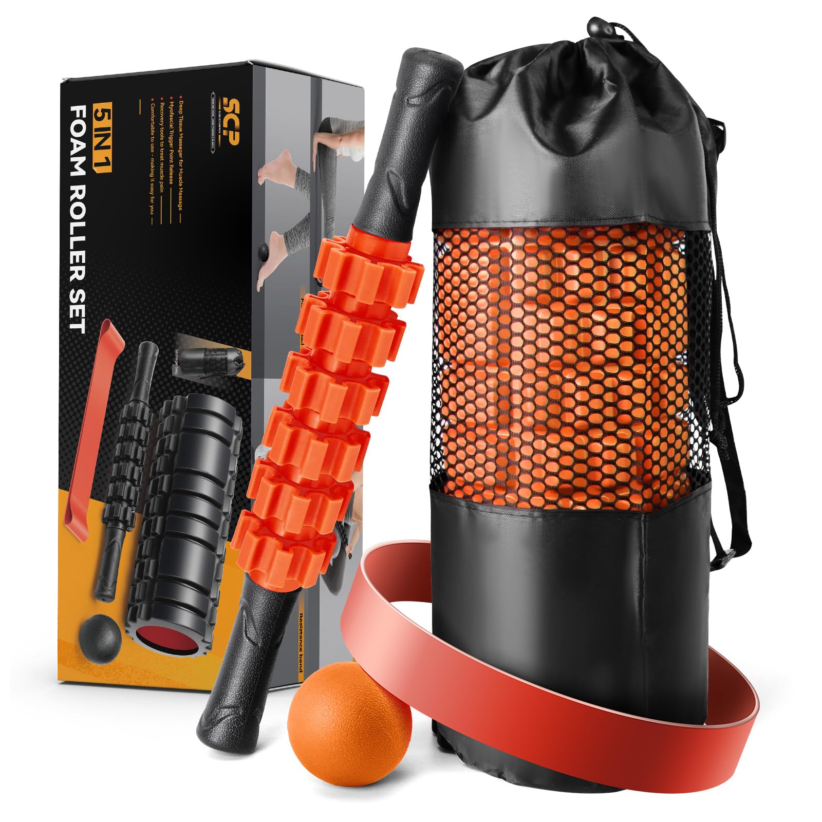 5-in-1 Foam Roller Set for Deep Tissue Massage - Trigger Point Roller, Massage Stick, Therapy Ball & Resistance Band - Perfect for Yoga, Pilates, Fitness & Full Body Workout (Orange-Black) - Home Gym & Physical Therapy Essential