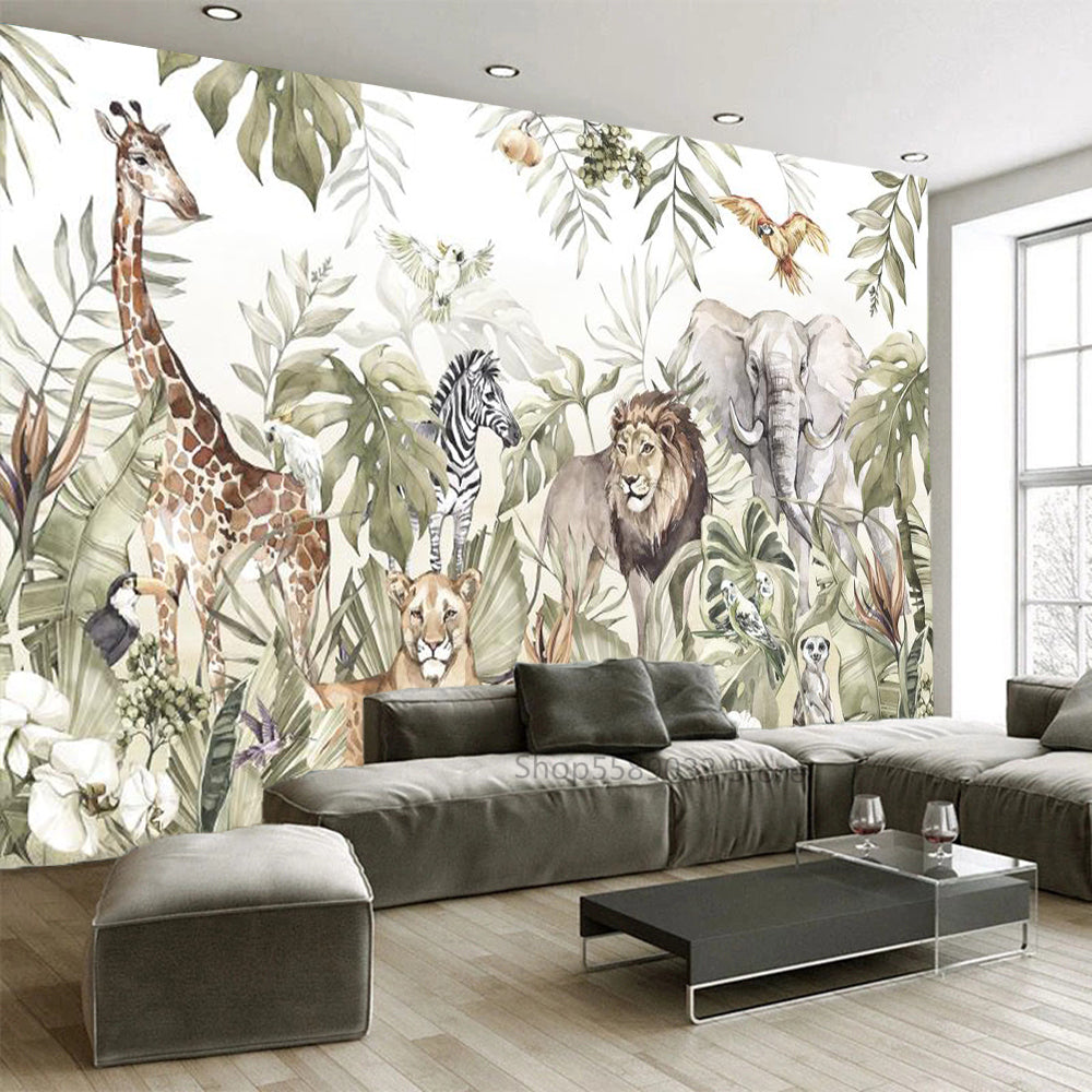 Whimsical Jungle Animal Friends Wallpaper - Adorable Wildlife Nursery Decor for Kids' Room, Playroom & Baby Shower - Peel & Stick Removable Wall Mural