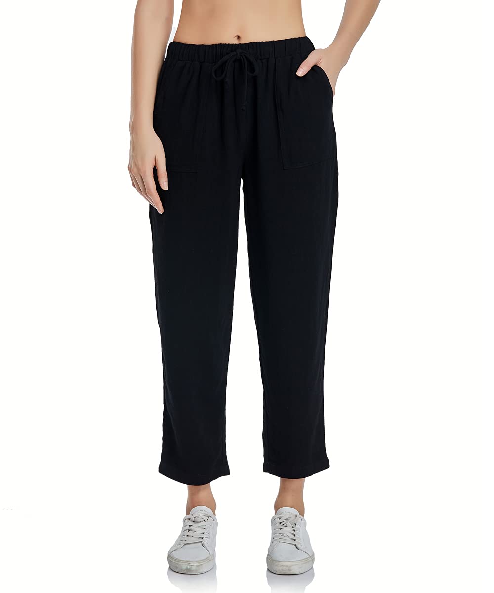 PEIQI Women's Linen Cropped Pants - Loose Fit Drawstring Elastic Waist Lounge Pants for Summer | Comfortable Casual Wear for Yoga, Beach, and Home Relaxation