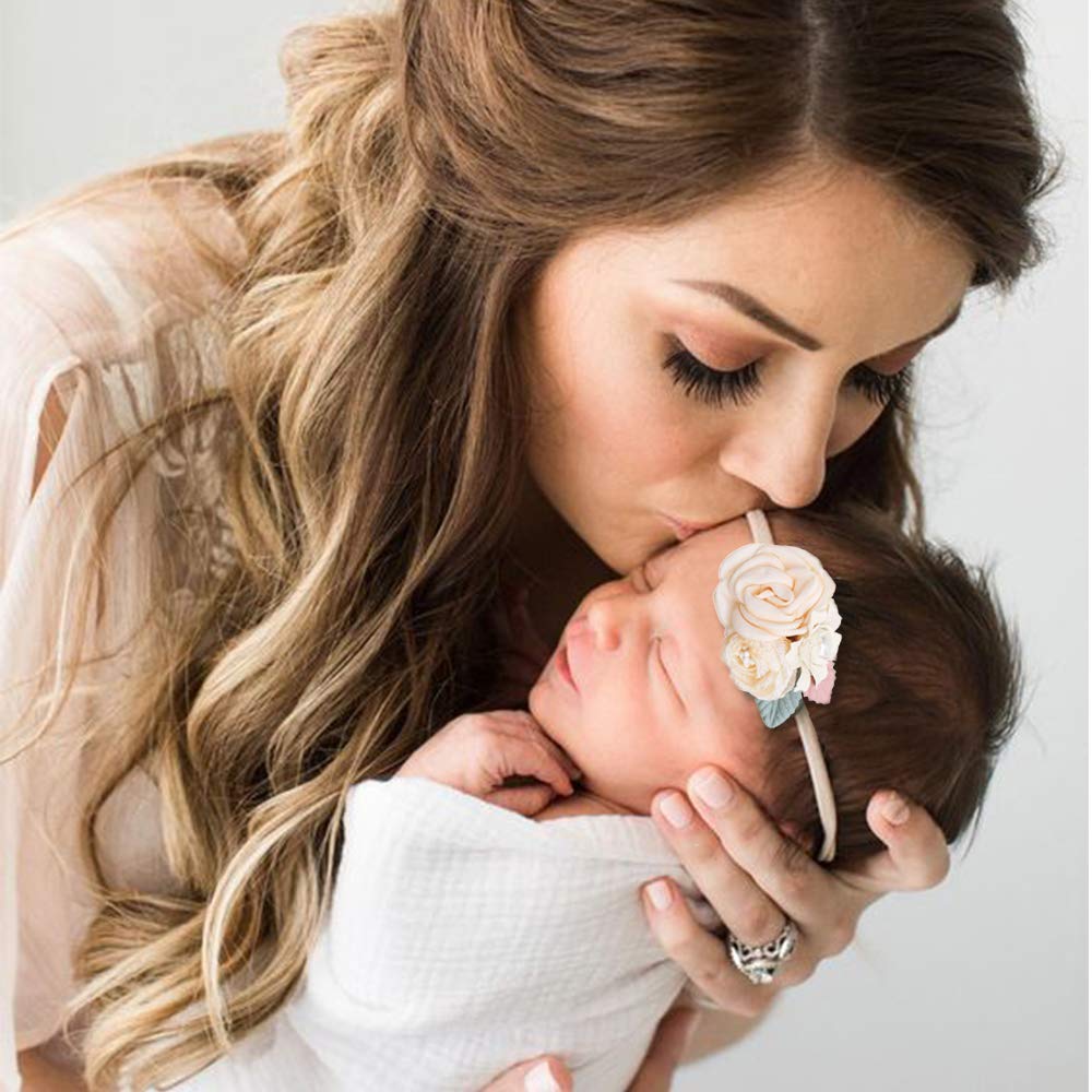 Cherrboll 4-Piece Baby Girl Headbands with Flowers - Ultra Soft Stretchy Nylon Floral Hairbands for Newborns & Toddlers - Perfect for Photoshoots, Birthday Parties & Everyday Wear