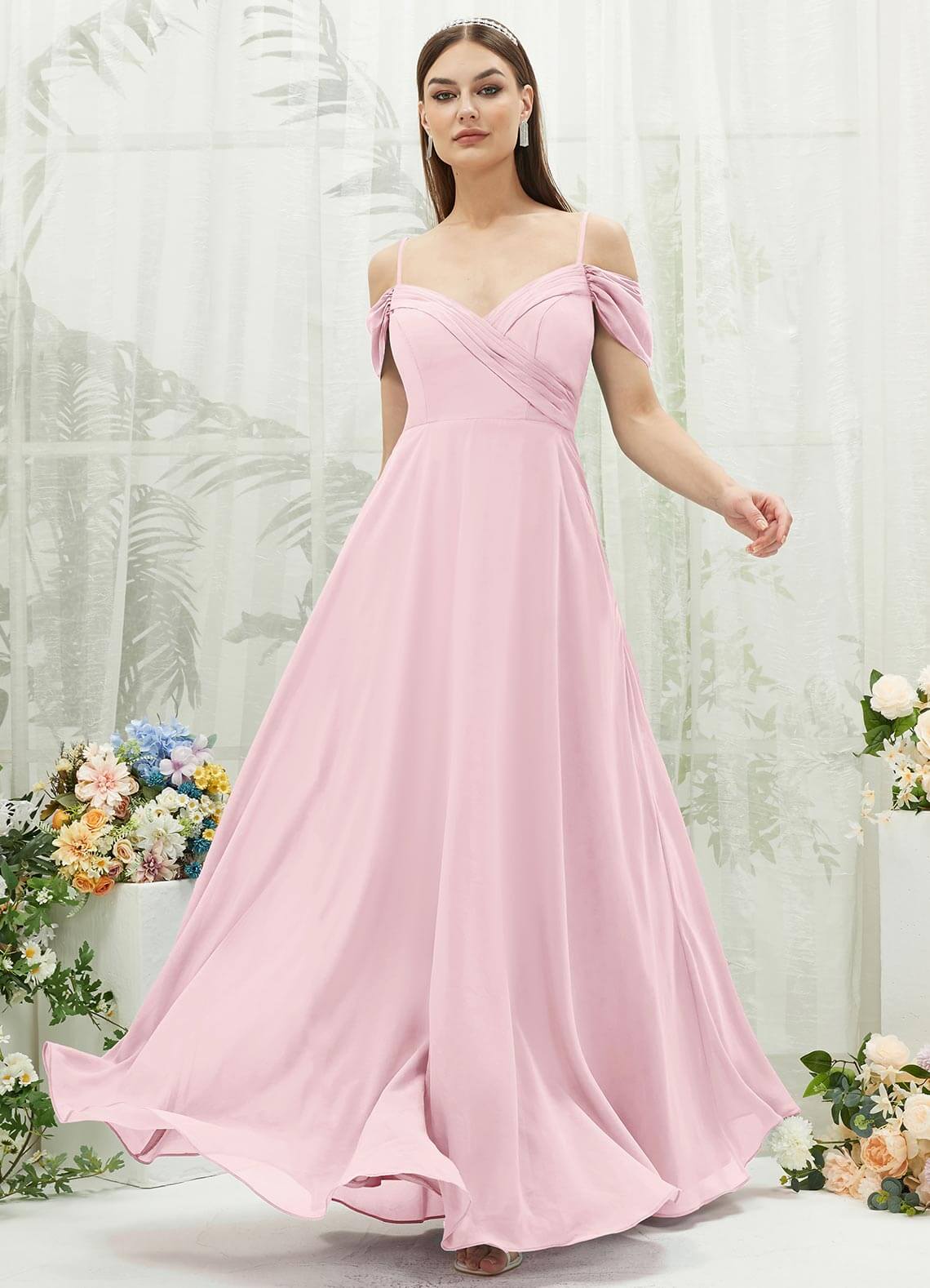 Elegant Blush Chiffon Cold Shoulder Sweetheart Bridesmaid Dress with Pockets - Perfect for Weddings, Proms & Formal Events