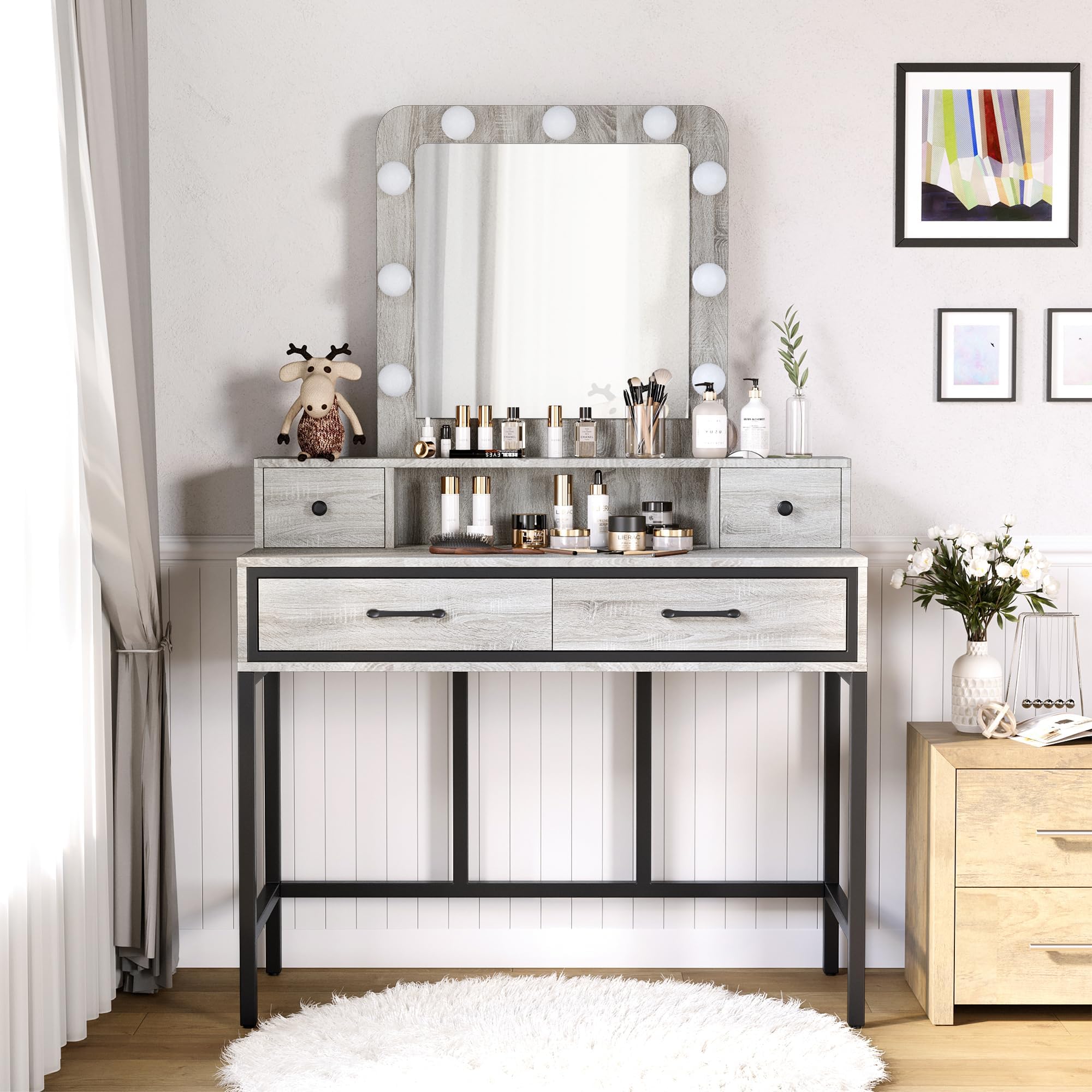 Sunvivi Vanity Makeup Desk with 3-Color Dimmable LED Hollywood Mirror, Grey Dressing Table with 4 Drawers & Stool - Large Vanity Set for Women & Girls | Perfect for Bedroom, Bathroom & Beauty Salon Makeup Application
