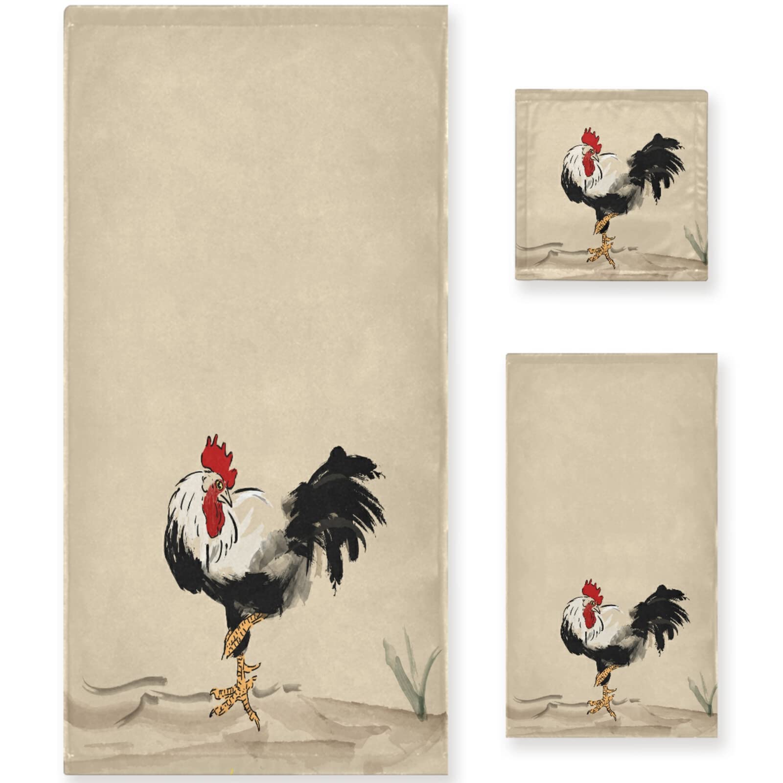 Vintage Rooster Painting Soft Bath Towel Set - 3 Pieces (Bath Towel, Hand Towel, Washcloth) for Bathroom, Hotel, Gym, Spa & Beach | Trendy Home Decor & Perfect Gift Idea