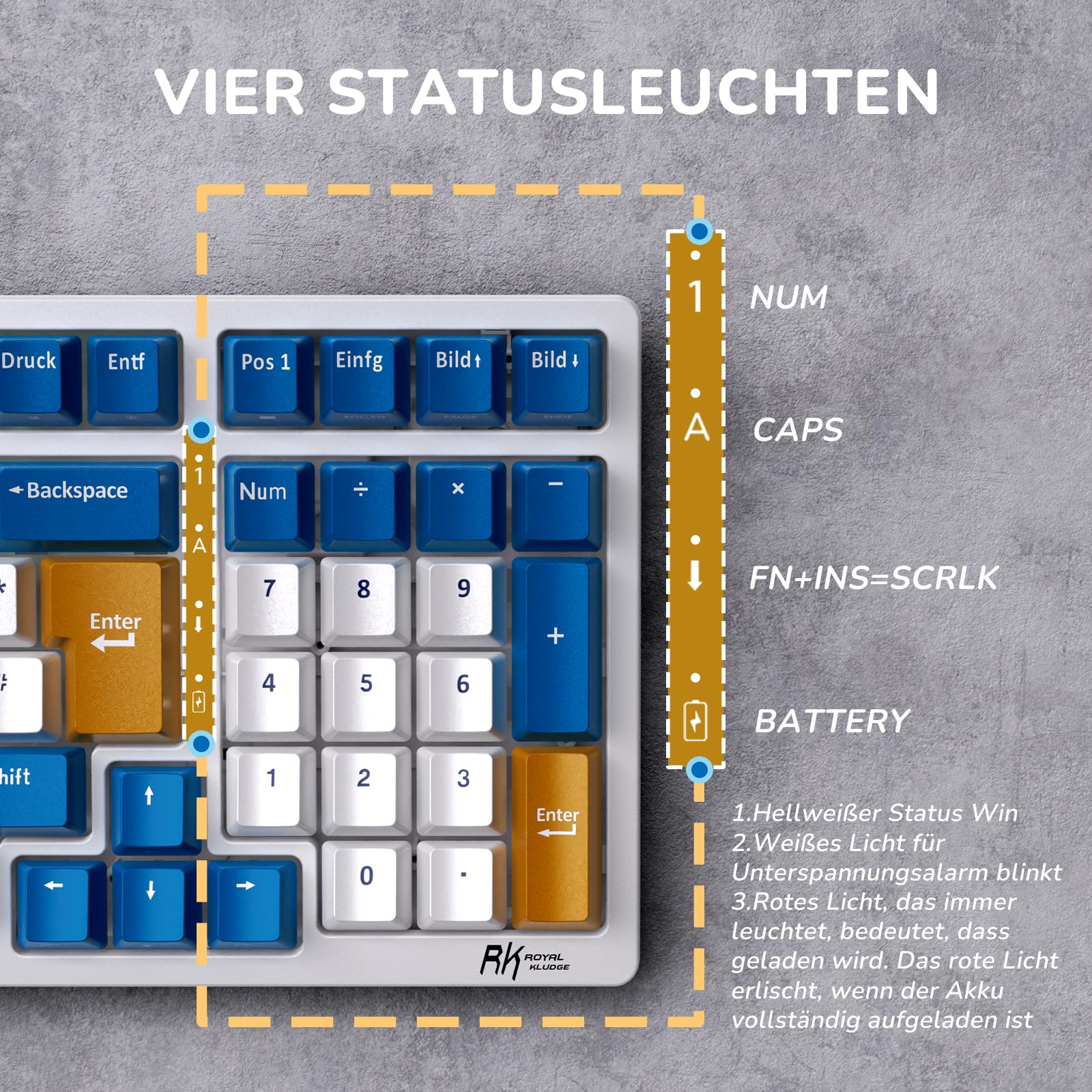 RK ROYAL KLUDGE RK98 Wireless Mechanical Gaming Keyboard - 2.4G/Bluetooth 5.1/USB-C Triple Mode, RGB Backlit, Hot-Swappable Red Switches, 100-Key German QWERTZ Layout - Perfect for Gaming, Office Work & Typing (White)