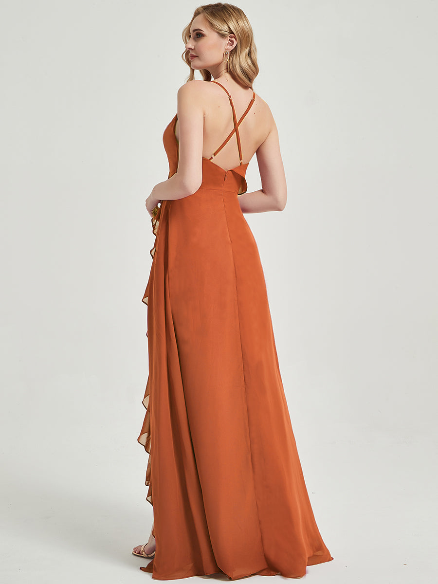 Elegant Cabernet Red Criss Cross Straps Ruffles Slit Chiffon Maxi Bridesmaid Dress - Perfect for Weddings, Formal Events & Special Occasions