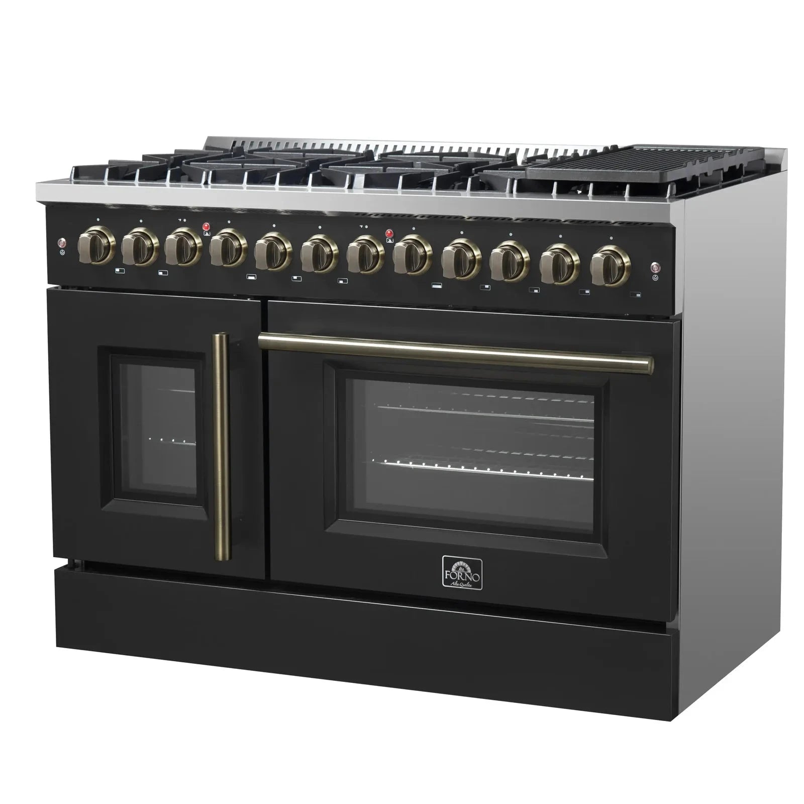 Forno Galiano 48-Inch French Door Dual Fuel Range with 8 Burners & Electric Convection Oven - Black Antique Brass Trim (Model FFSGS6356 48BLK) | Perfect for Professional Kitchens & Luxury Home Cooking