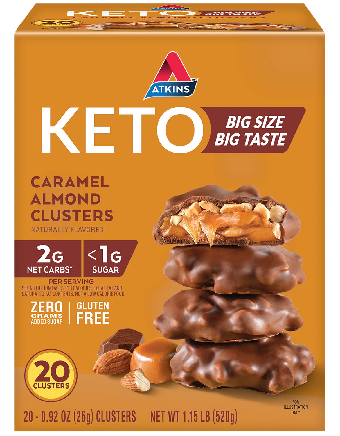 Atkins Caramel Almond Clusters - Gluten Free, High Fiber, Low Sugar (1g), Keto Friendly Snack - 2g Net Carbs, 20 Count - Perfect for Keto Diet, Weight Loss & Healthy On-the-Go Snacking