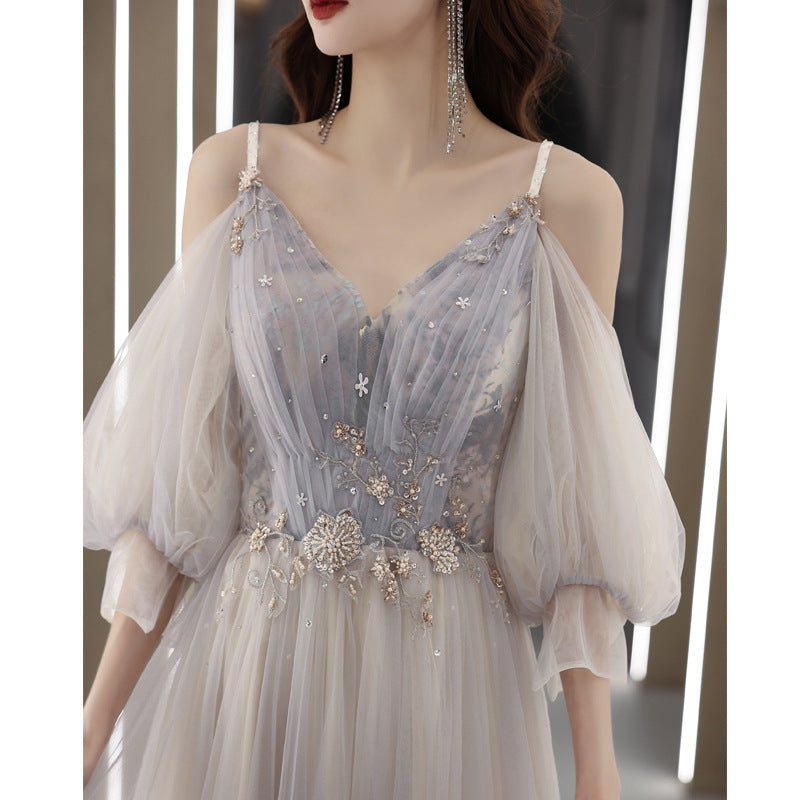 Elegant Gray Tulle Prom Dress with Long Sleeves - Formal Evening Gown for Homecoming, Quinceañera & Special Occasions