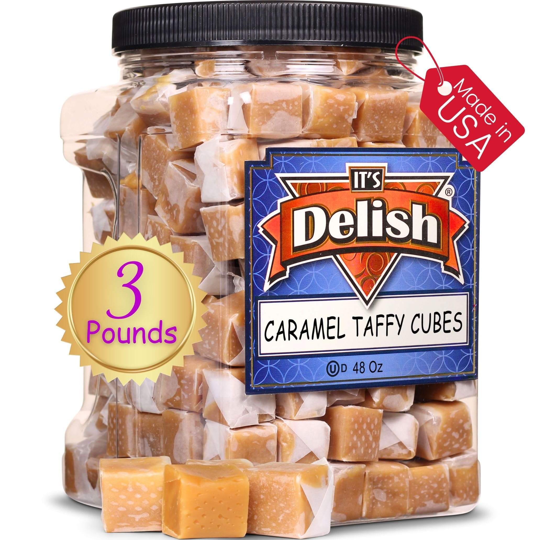 Vanilla Caramel Squares Taffy Candy - 3 LBS Bulk Jumbo Container for Parties, Gifts & Movie Nights | Soft Chewy Gourmet Candy for Holidays, Halloween & Christmas Treats