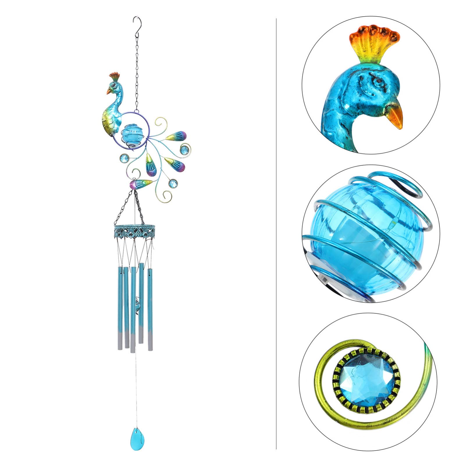 Balacoo Solar Peacock Wind Chime Lamp - Outdoor Garden Decorative Lighting with Ground Plug, Solar Powered Yard & Lawn Light for Patio, Pathway, and Hanging Decor