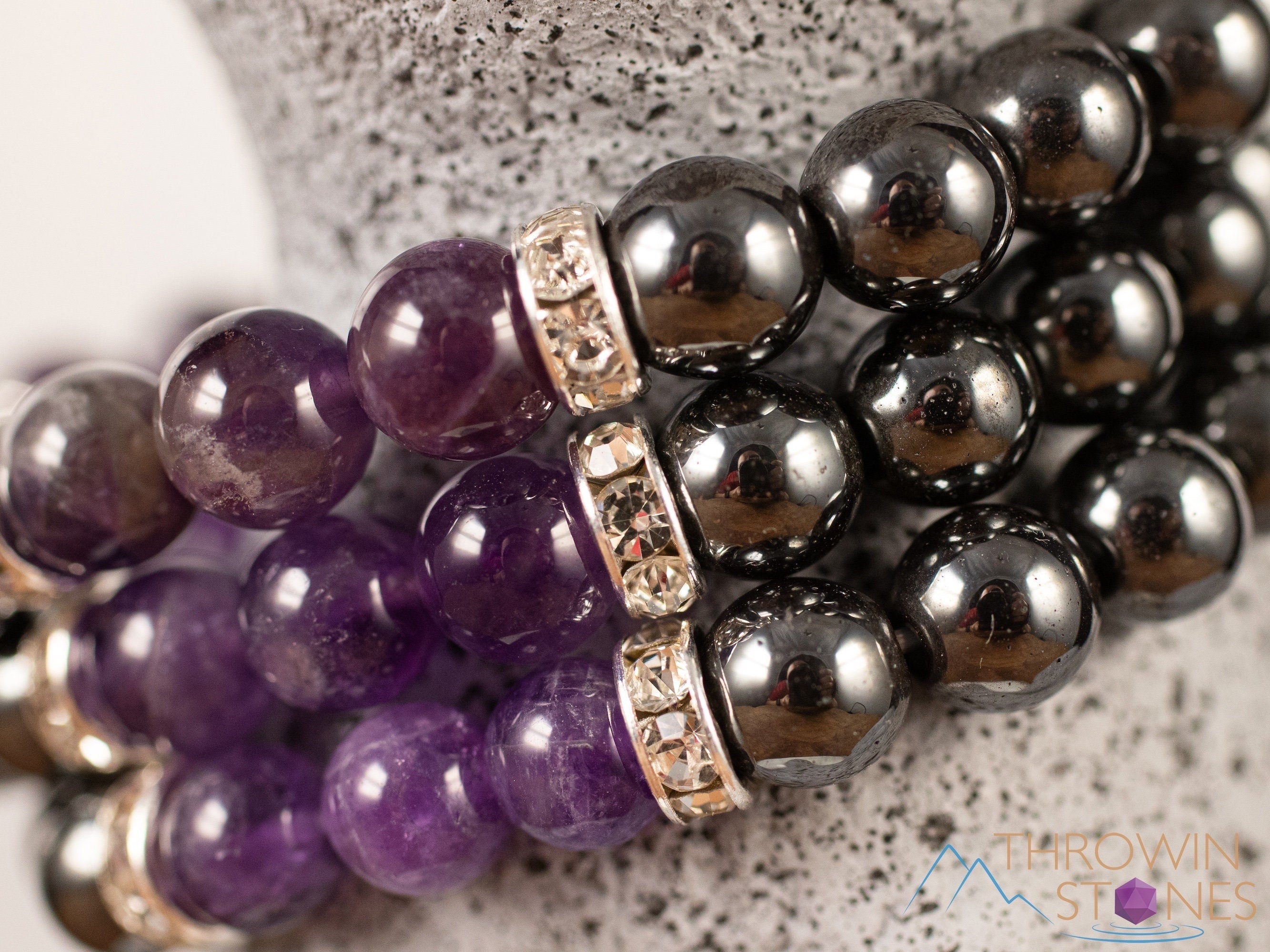 Handmade Amethyst & Hematite Crystal Beaded Bracelet with Goddess Charm - Round Beads for Women | Spiritual Healing, Meditation & Everyday Wear Jewelry