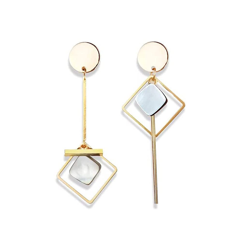 Geometric Asymmetric Triangle Long Bar Chain Tassel Dangle Earrings for Women - Pearl Shell Round Disc Fringe Drop Earrings Fashion Jewelry - Perfect for Parties, Weddings & Everyday Wear