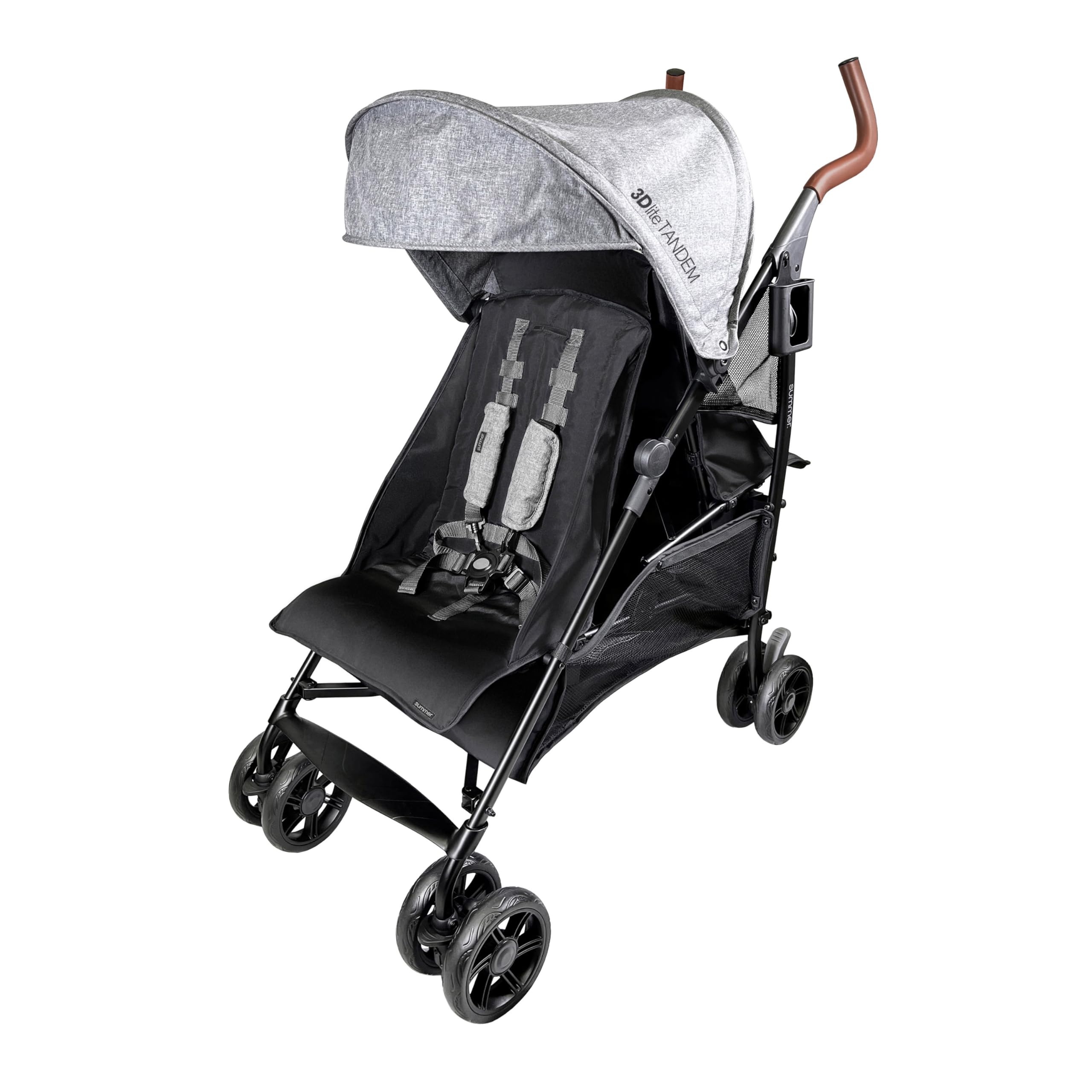 Summer Infant 3Dlite Tandem Folding Lightweight Double Stroller - Back to Back Design with 5-Point Safety Harness for Infants & Toddlers - Compact Travel Stroller for Twins - Perfect for Shopping, Travel & Outdoor Walks - Black