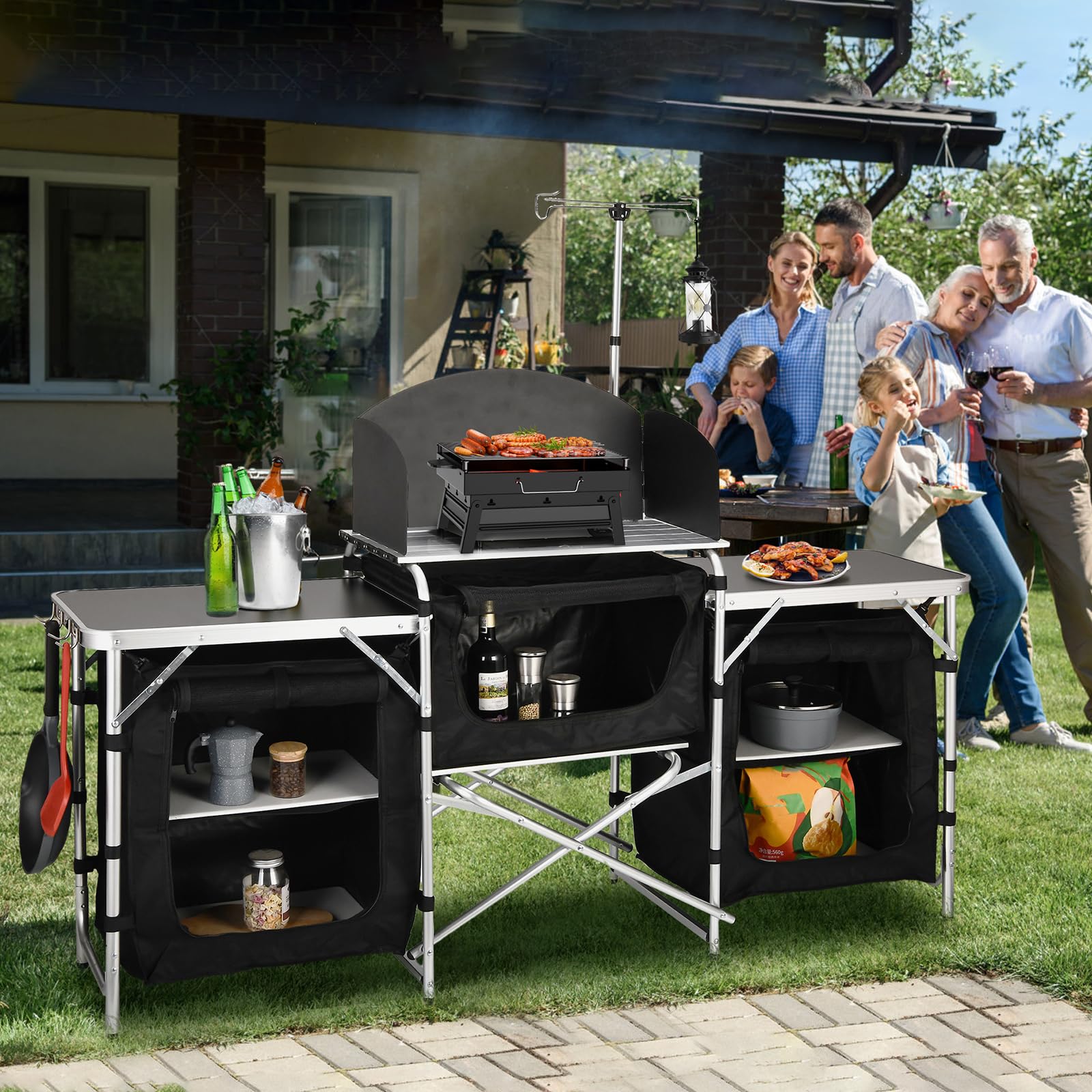Portable Folding Camping Table with Storage Bag - 3-in-1 Outdoor Kitchen Station with Windshield & Storage Cupboards - Perfect for Camping, BBQ, Picnic, Backpacking & Outdoor Cooking Adventures