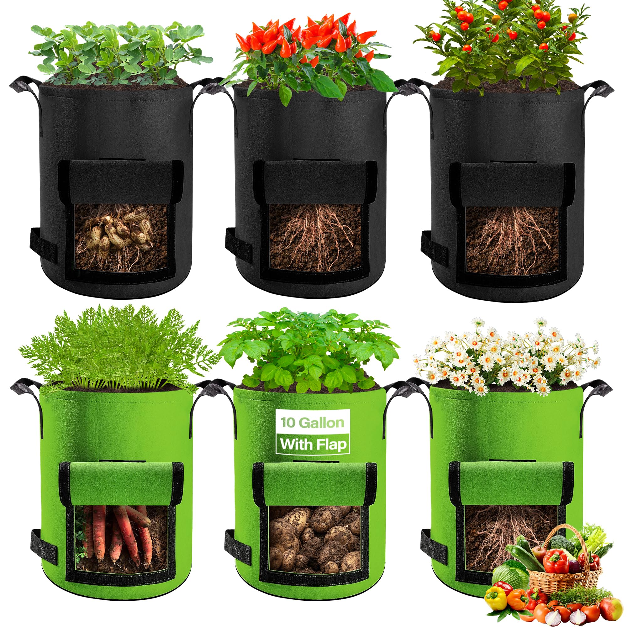 6 Pack 10 Gallon Potato Grow Bags with Flap & Harvest Window - Durable Fabric Garden Planter Pots for Vegetables, Fruits, Herbs - Ideal for Patio, Balcony & Indoor Gardening (Black & Green)