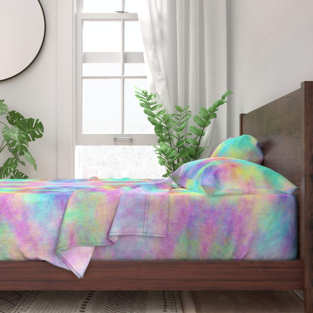 100% Cotton Queen 4-Piece Sheet Set | Soft Pastel Rainbow Watercolor Unicorn Mermaid Dreamy Print Bedding | Opal Moonstone Multicolor Magic Custom Design | Perfect for Kids' Rooms, Guest Bedrooms & Boho Chic Decor