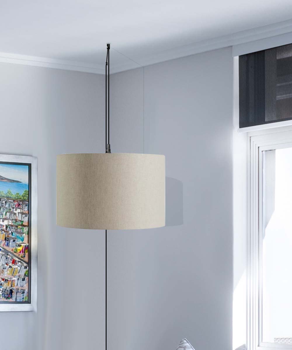 1 Light Swag Plug-In Pendant with 16W Oatmeal Linen Drum Shade & 17' Black Cord - Perfect for Bedroom, Living Room, and Dining Room Lighting Decor