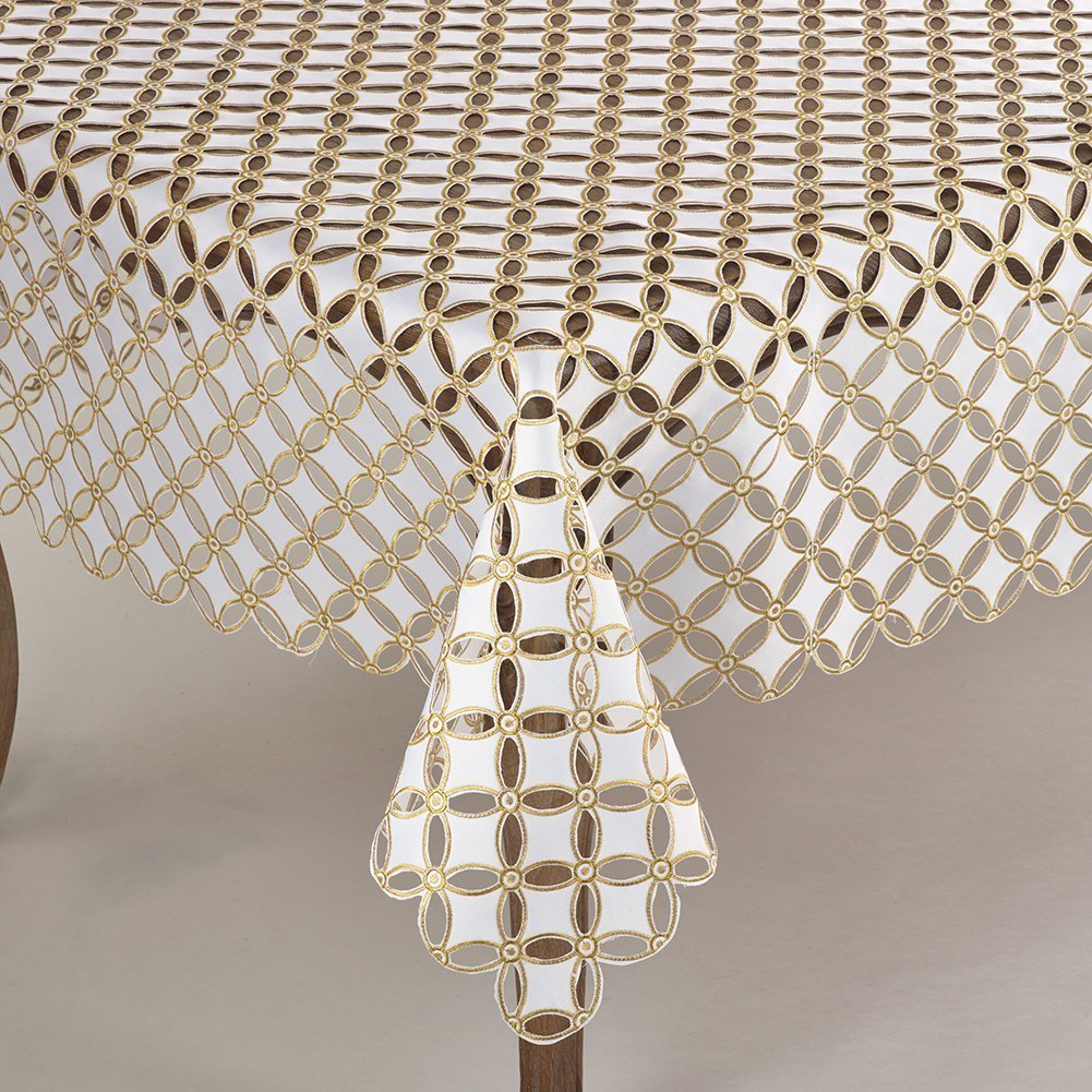 Fennco Styles Buche De Noel Collection Cutwork Design Tablecloth 67 x 67 Inch Gold - Elegant Holiday Table Cover for Christmas, Thanksgiving, Weddings & Special Occasions - Perfect for Dining Room Decor, Banquet Tables & Family Gatherings