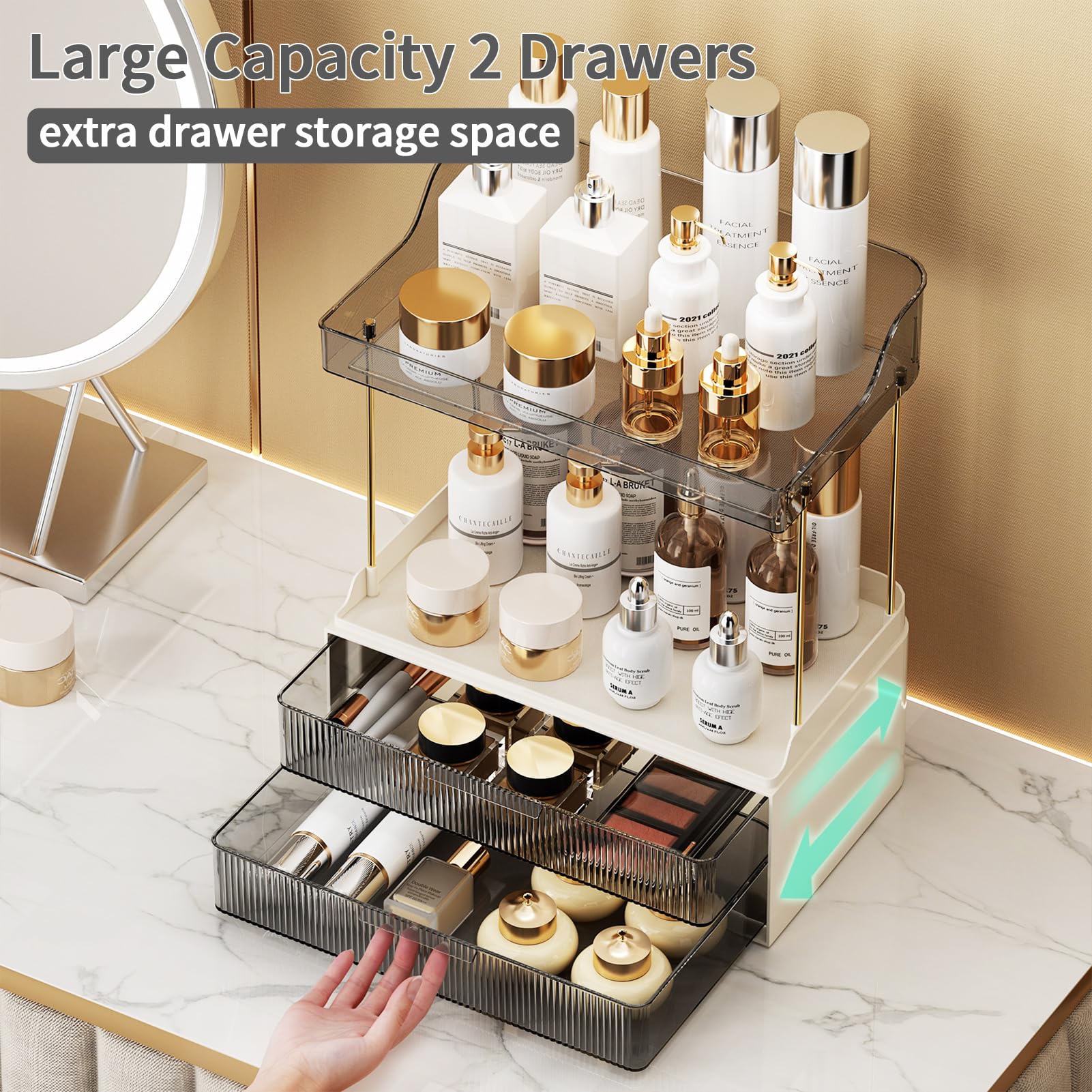 2-Tier 2-Drawer Bathroom Countertop Organizer | Multi-Purpose Makeup Storage Rack for Vanity & Cosmetic Counter | Space-Saving Grey Organizer for Bathroom, Bedroom & Dressing Table