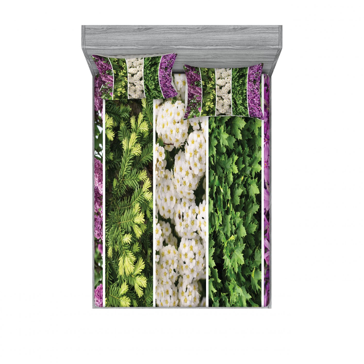 Ambesonne 2-Pack Queen Size Fitted Sheet & Pillow Sham Set - Blooming Floral Bouquet Design in Green & Violet | 4-Piece Bedding Decor Set (2 Fitted Sheets + 4 Pillow Covers) | Perfect for Master Bedroom, Guest Room & Romantic Home Decor