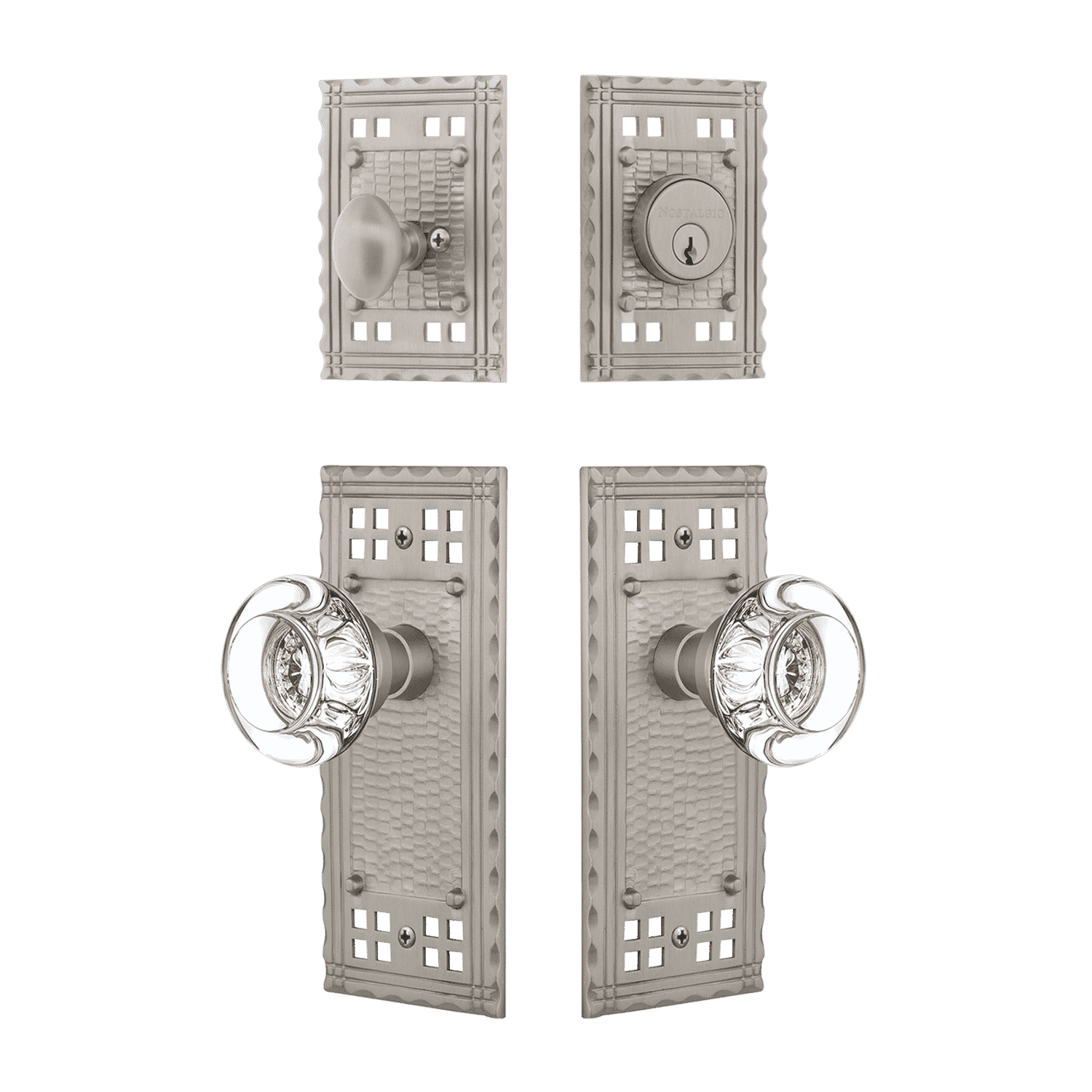 Craftsman Entry Door Knob Set - Round Clear Crystal Knob in Satin Nickel Finish | Secure & Stylish Front Door Hardware for Homes & Apartments