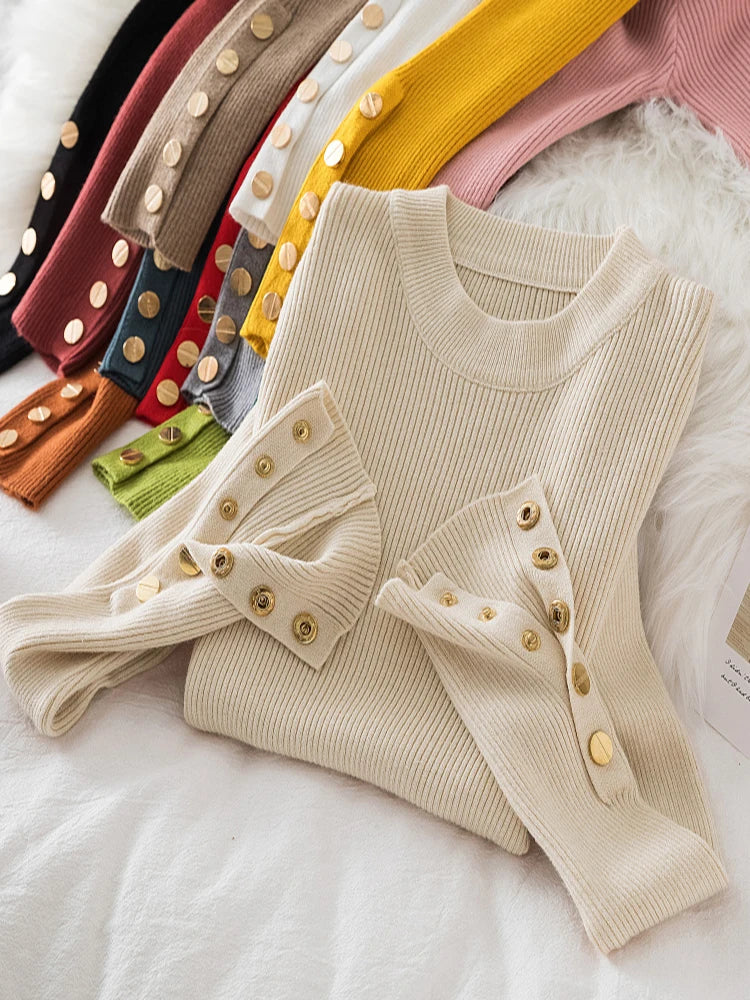 Cozy Button-Up Long Sleeve O-Neck Sweater for Women - Perfect for Fall Layering & Winter Warmth