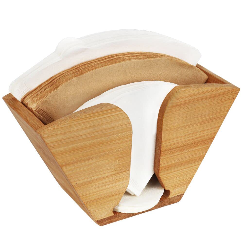 Premium Bamboo Coffee Filter Holder & Dispenser - Organizer for Aeropress, Chemex, Hario V60, Melitta Cone Filters | Compact Storage Solution for Coffee Paper Filters | Perfect for Home, Office & Coffee Shops