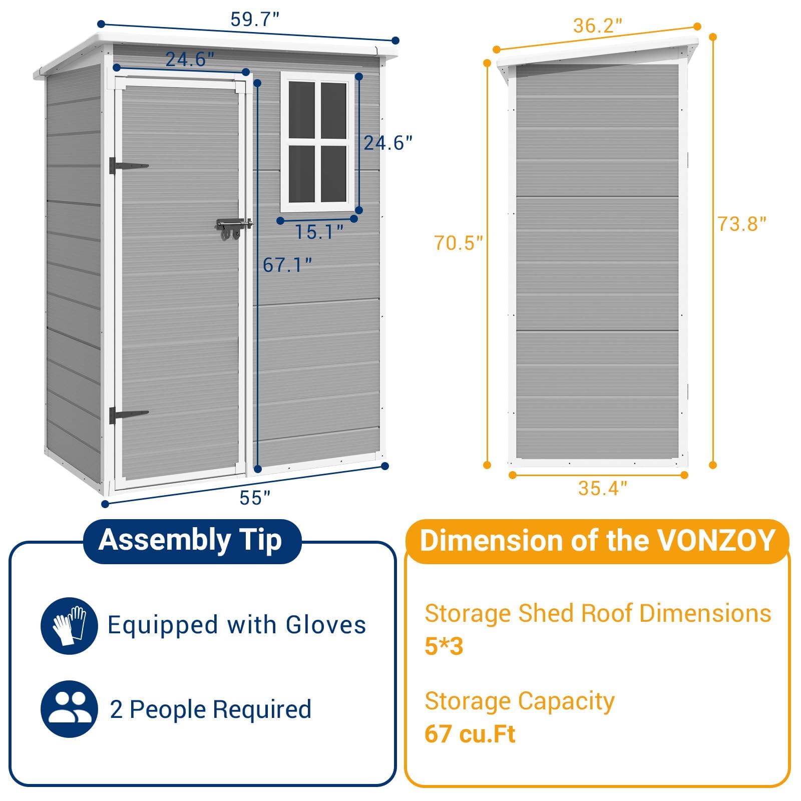 5x3FT Outdoor Storage Shed with Floor - Waterproof Plastic Tool Shed with Lockable Door & Window for Bike, Garbage Cans & Garden Accessories (Grey & White) - Perfect for Backyard, Patio & Garage Organization