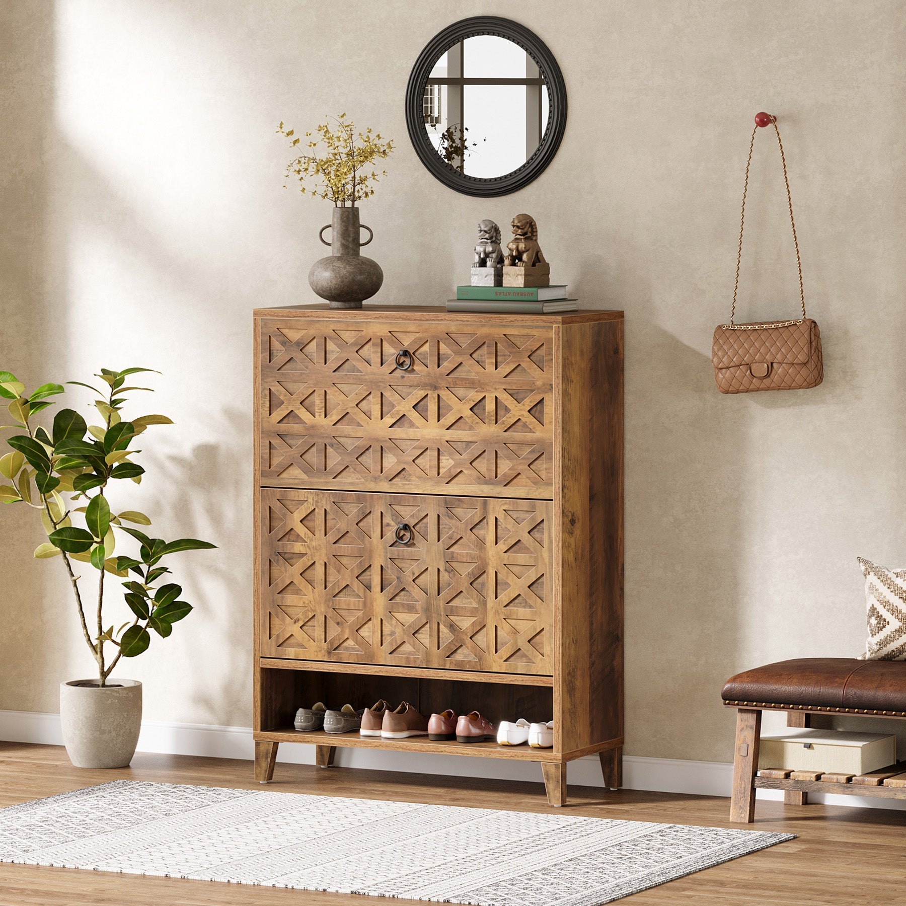 Wooden Shoe Cabinet with 2 Flip-Down Doors - Space Saving Shoe Storage Organizer for Entryway, Closet or Bedroom - Perfect for Organizing Shoes, Boots and Accessories
