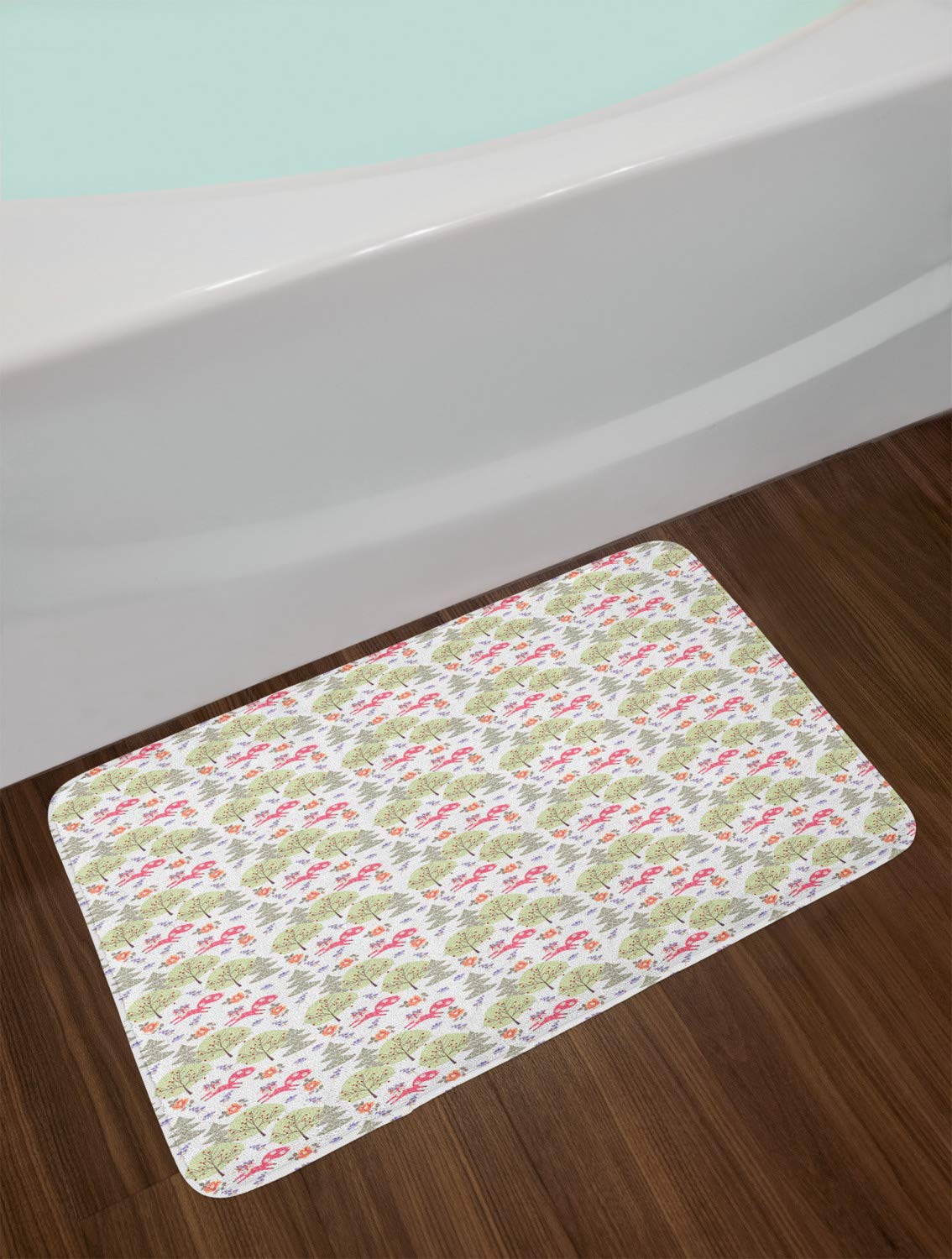 Ambesonne Pastel Bath Mat - Soft Non-Slip Bathroom Rug with Fox, Tree, Rose & Bird Floral Pattern (30