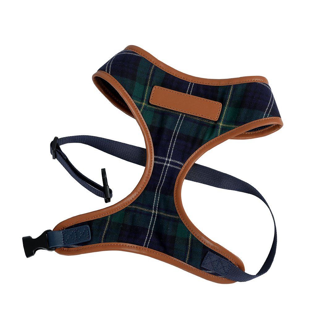 Premium Navy & Green Tartan Pattern Dog Harness - Adjustable Pet Vest for Small Medium Large Dogs - Perfect for Walking, Hiking & Outdoor Adventures