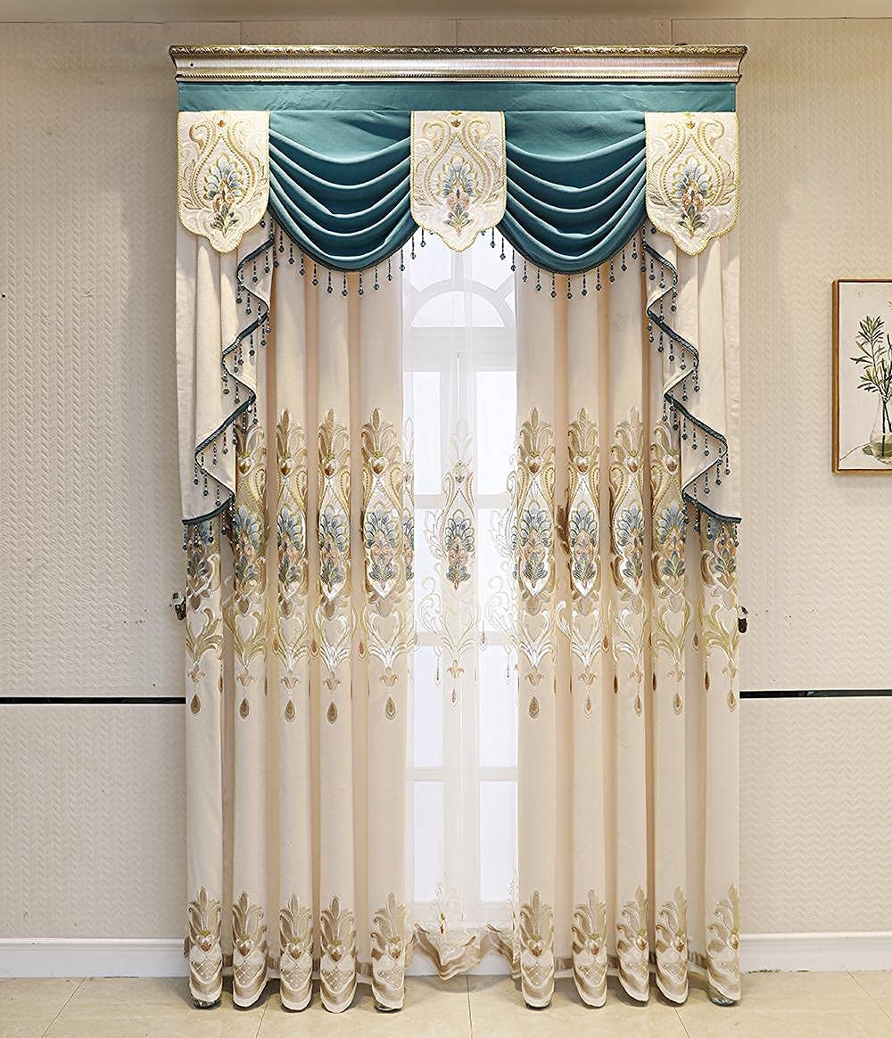European Style Swag Waterfall Chenille Window Valance - Luxury Beige Kitchen & Bedroom Curtain with Custom Beads & Rod Pocket (1 Panel, 78 Inch) - Perfect for Living Room, Dining Room & Home Decor