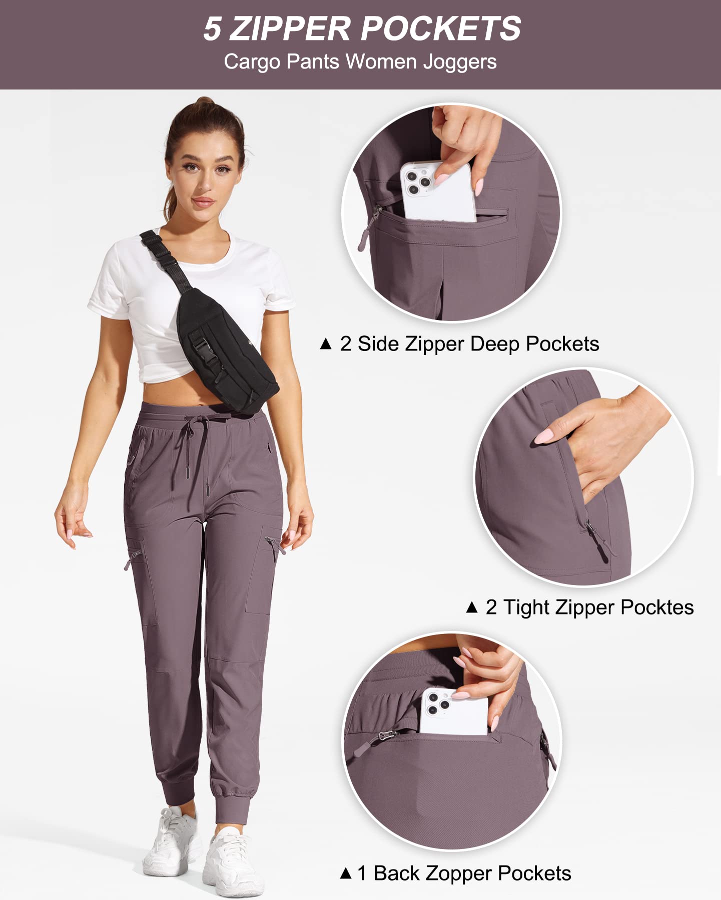 Women's Lightweight Quick-Dry Cargo Joggers - Water Resistant Hiking Pants with Zipper Pockets for Travel, Outdoor Adventures & Casual Wear
