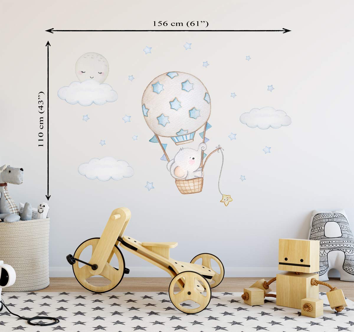 Elephant Nursery Wall Decal - Moon & Hot Air Balloon Decor for Girls - Pink Elephant Sticker with Stars - Perfect for Baby Room, Kids Bedroom & Playroom Decor
